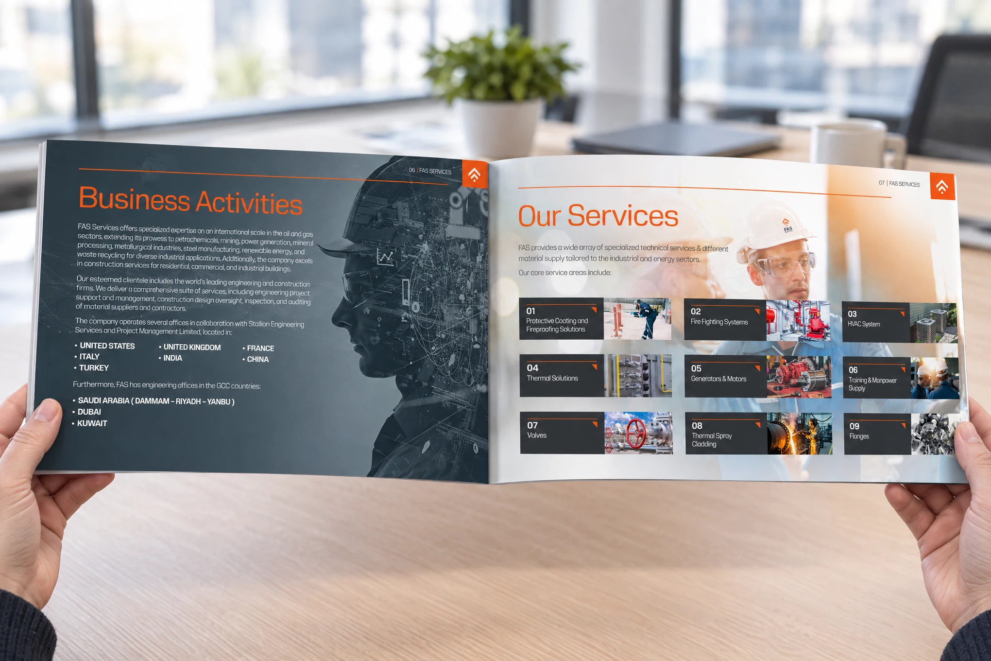 Mockup of two hands holding the profile open in an office at the Business Activities and Our Services spread.
