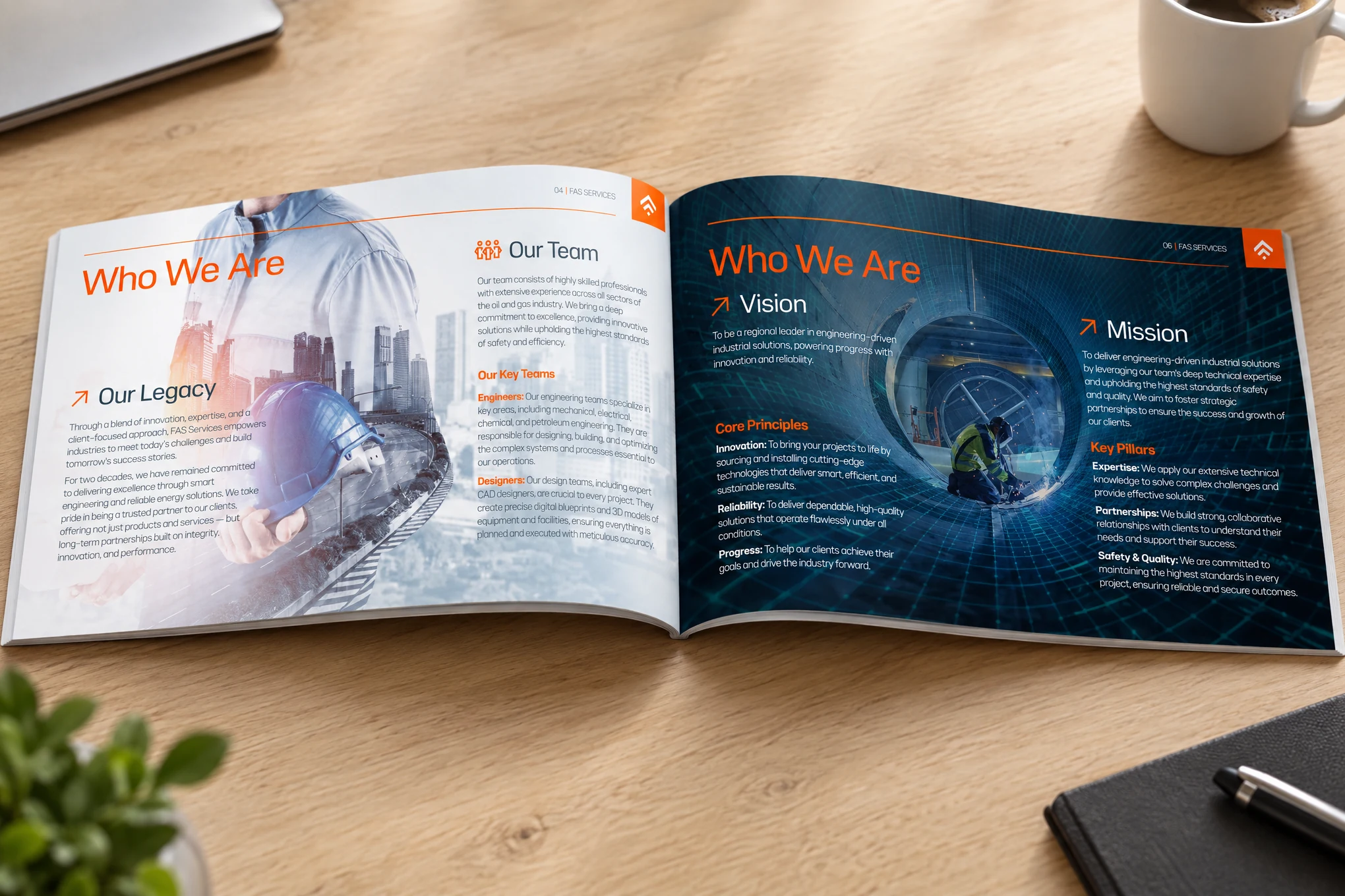 Mockup of the profile open on an oak desk at the Who We Are spread: Our Legacy and Our Team on the left, Vision and Mission on slate on the right.