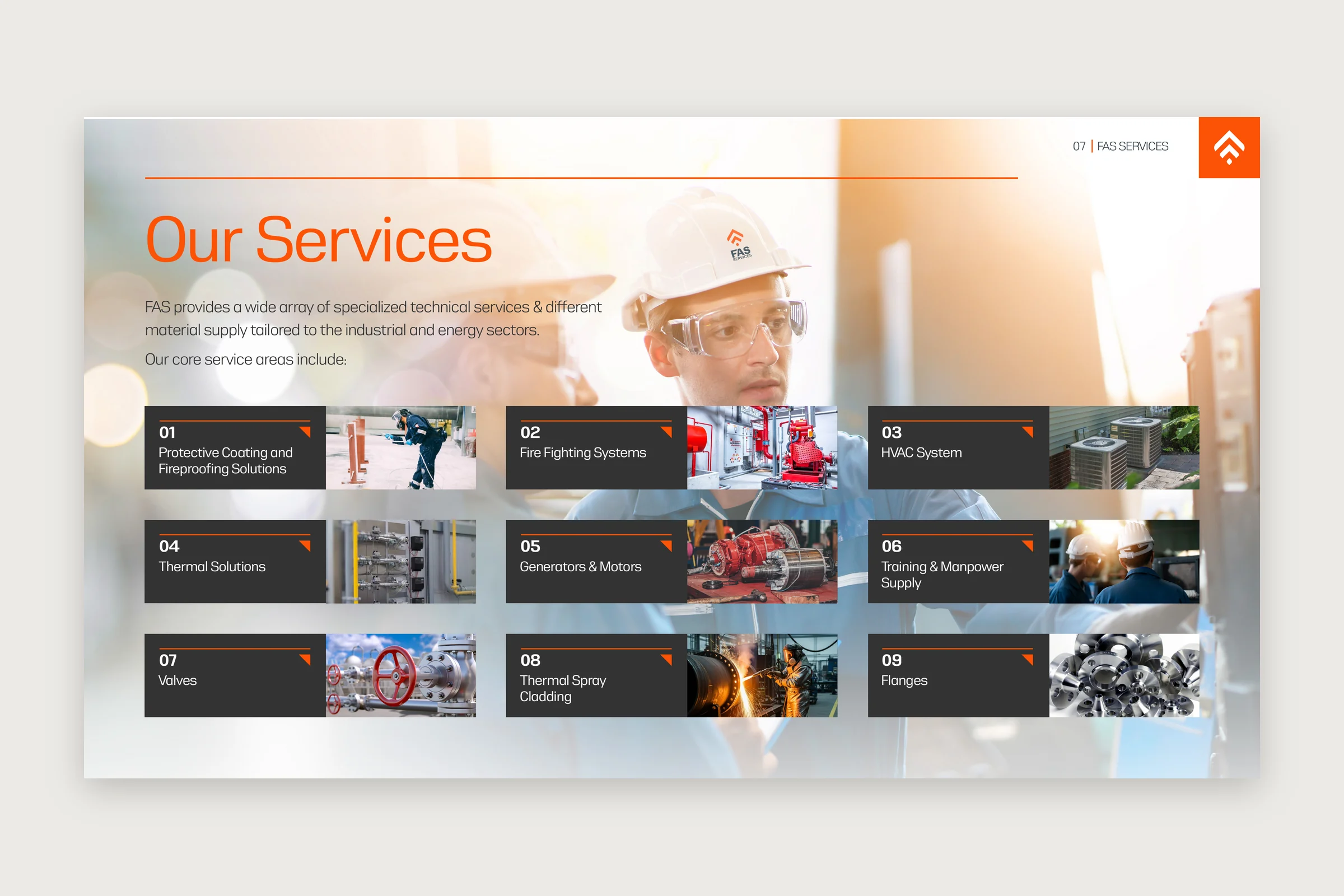 The Our Services page: nine numbered slate panels in three rows, each with an orange corner, a service name and a photograph, over a soft photograph of an engineer in a white FAS hard hat.