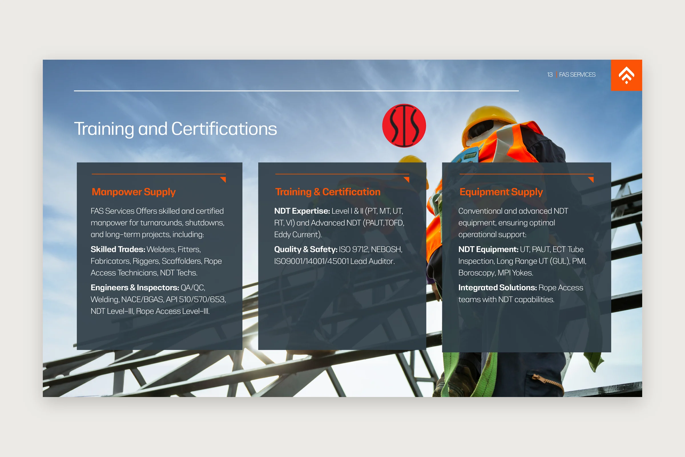 The Training and Certifications page: three slate panels headed Manpower Supply, Training & Certification and Equipment Supply, over a photograph of workers in hard hats climbing a steel frame against the sky.