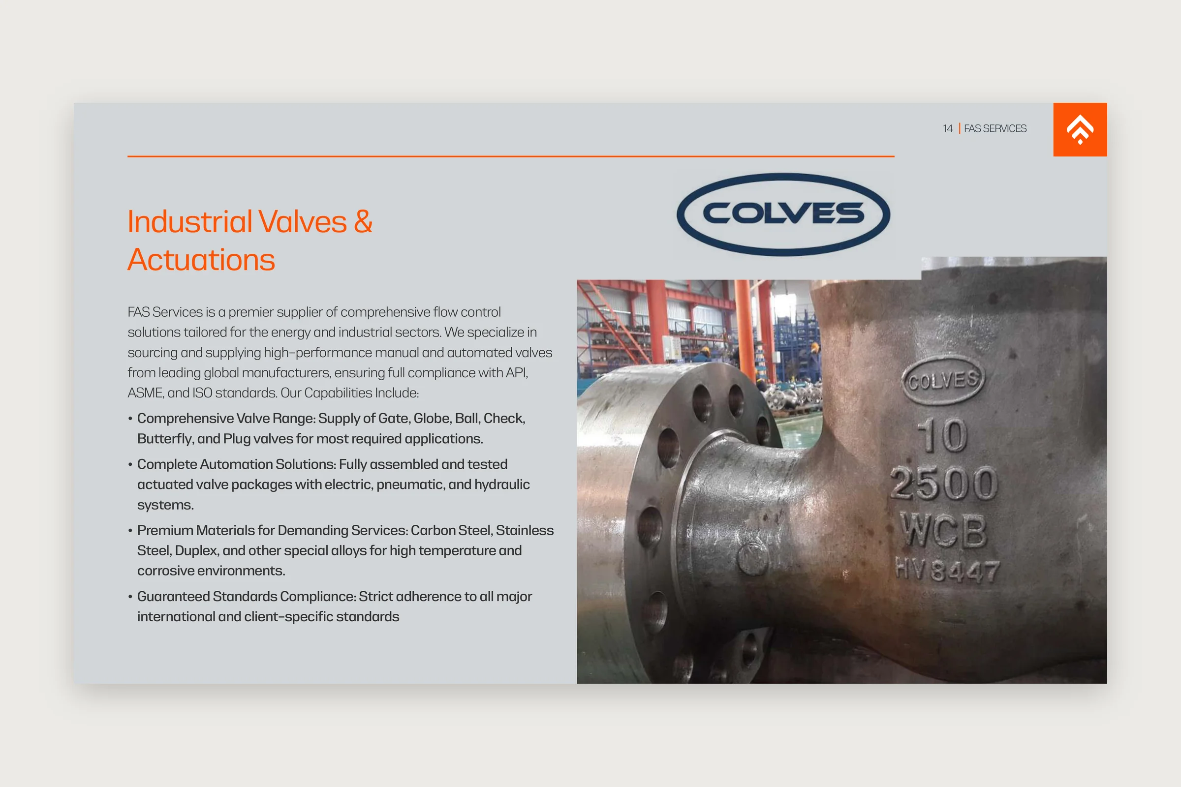The valves page on grey: the heading and bullet points on the left, and the Colves logo above a close-up of a cast steel valve body marked 10, 2500 and WCB on the right.