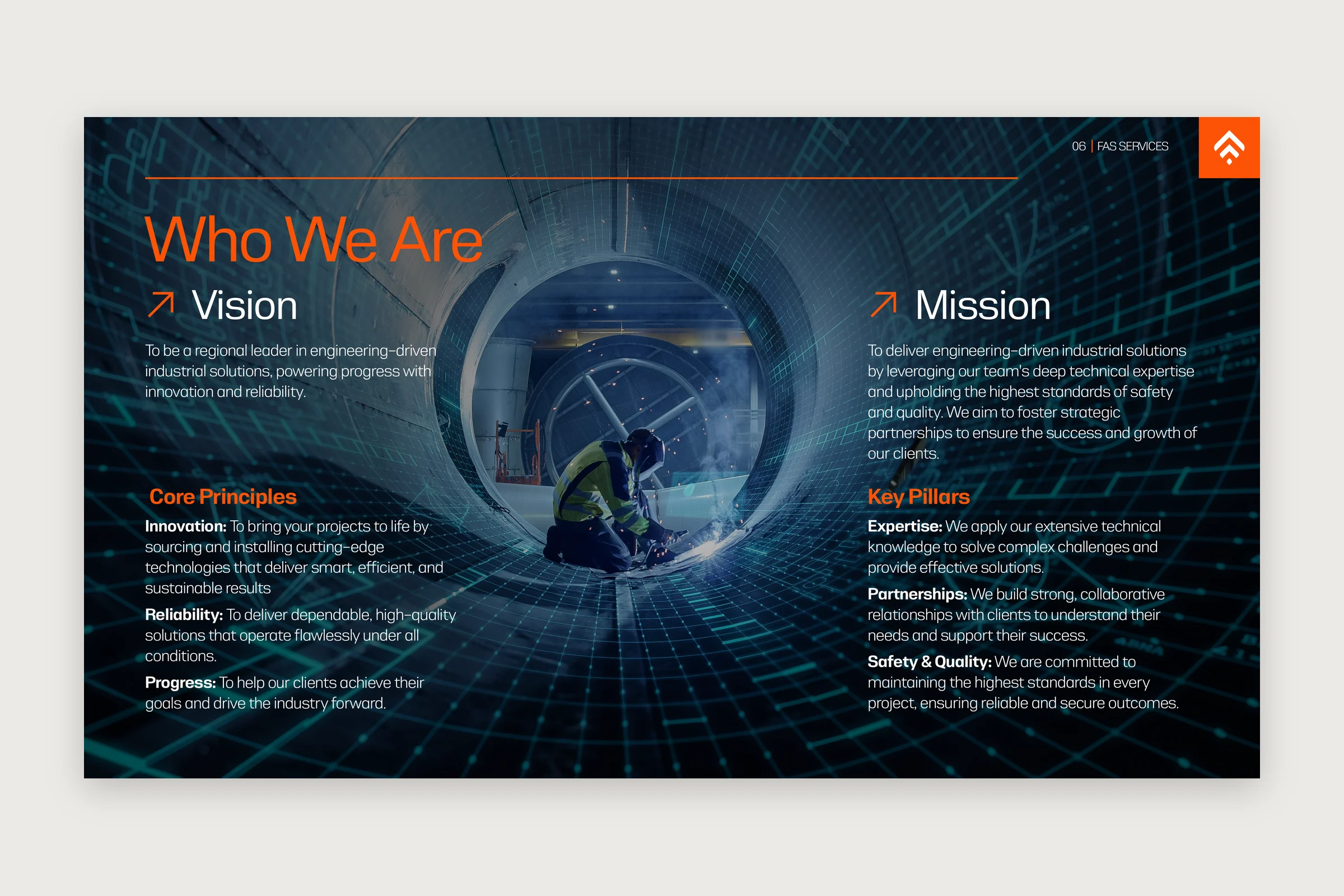 Vision and Mission in white over a welder at work inside a large pipe, with Core Principles and Key Pillars in orange below them.