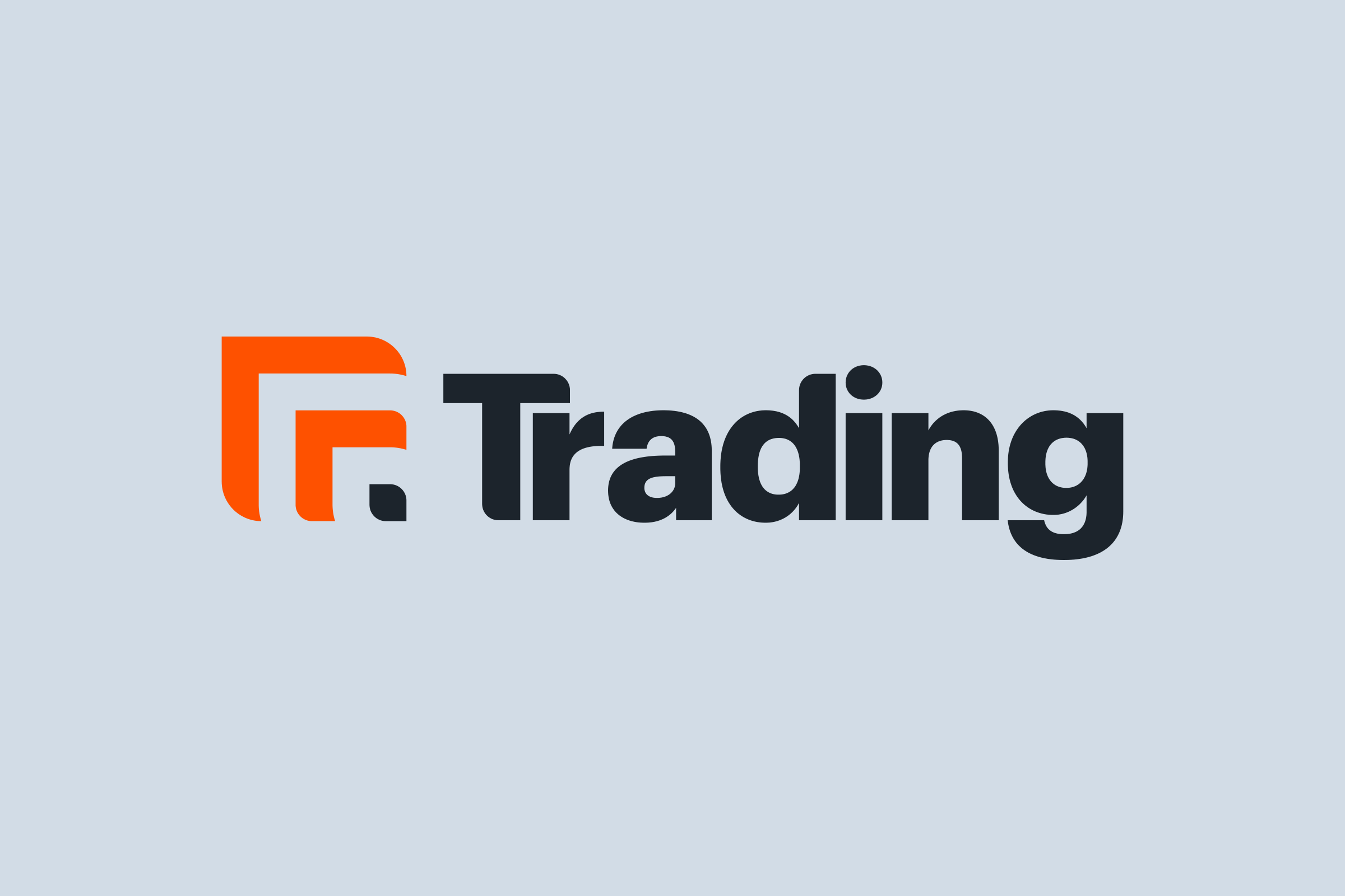 Subsidiary derived logo: the orange mark turned to read as an F, with rounded tips, beside Trading in bold dark letters, on pale blue-grey.