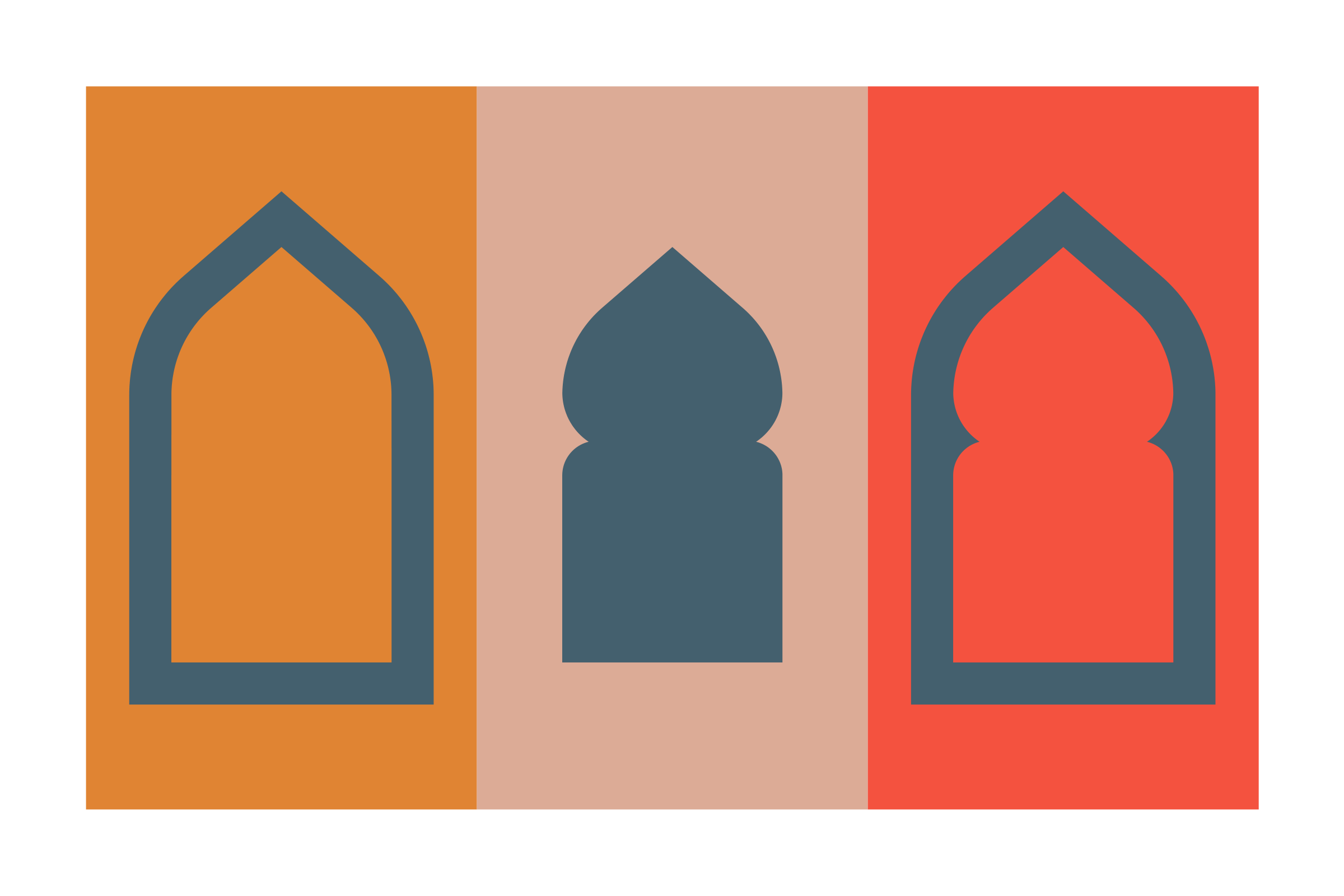 Three arches from the mark in slate and coral on orange, pink and coral panels.