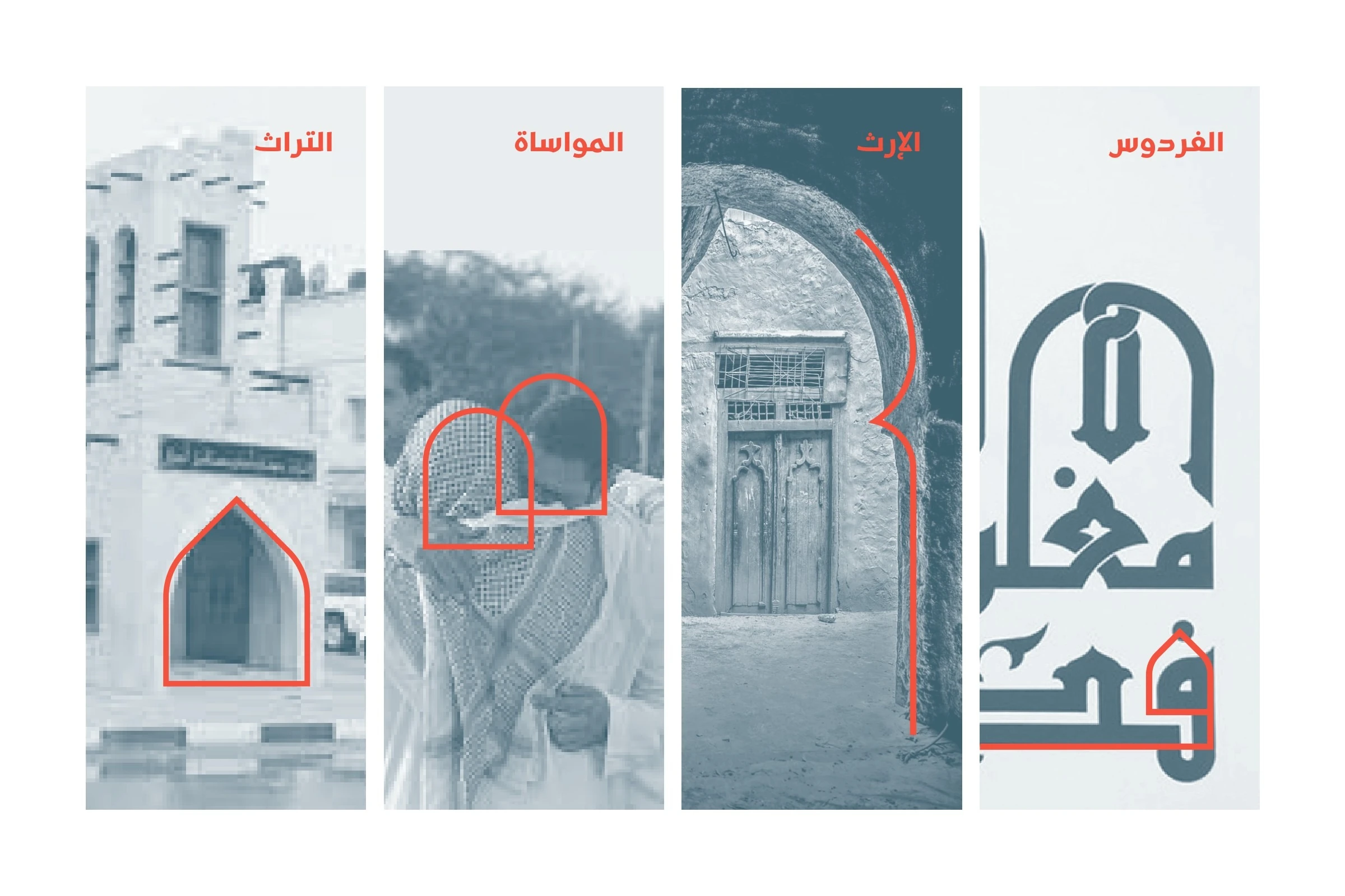 Four tall photographs in slate tones, each traced with part of the mark in coral and labelled in Arabic: heritage over an old house, consolation over two men embracing, legacy over an arched doorway, and paradise over the Arabic name.
