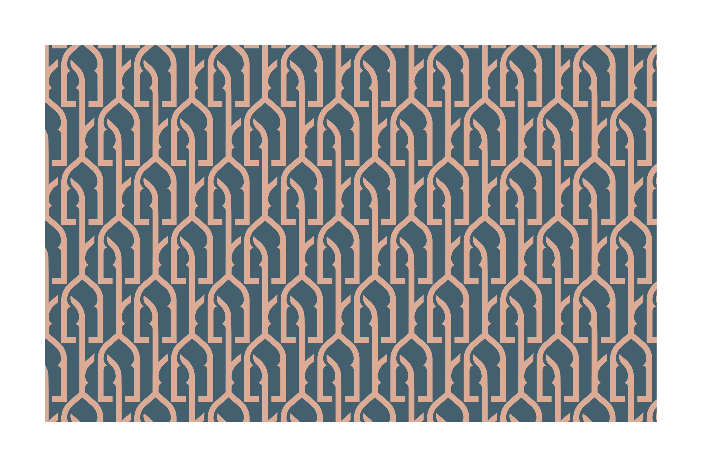 A pattern of interlocking doorway arches in pink on slate.