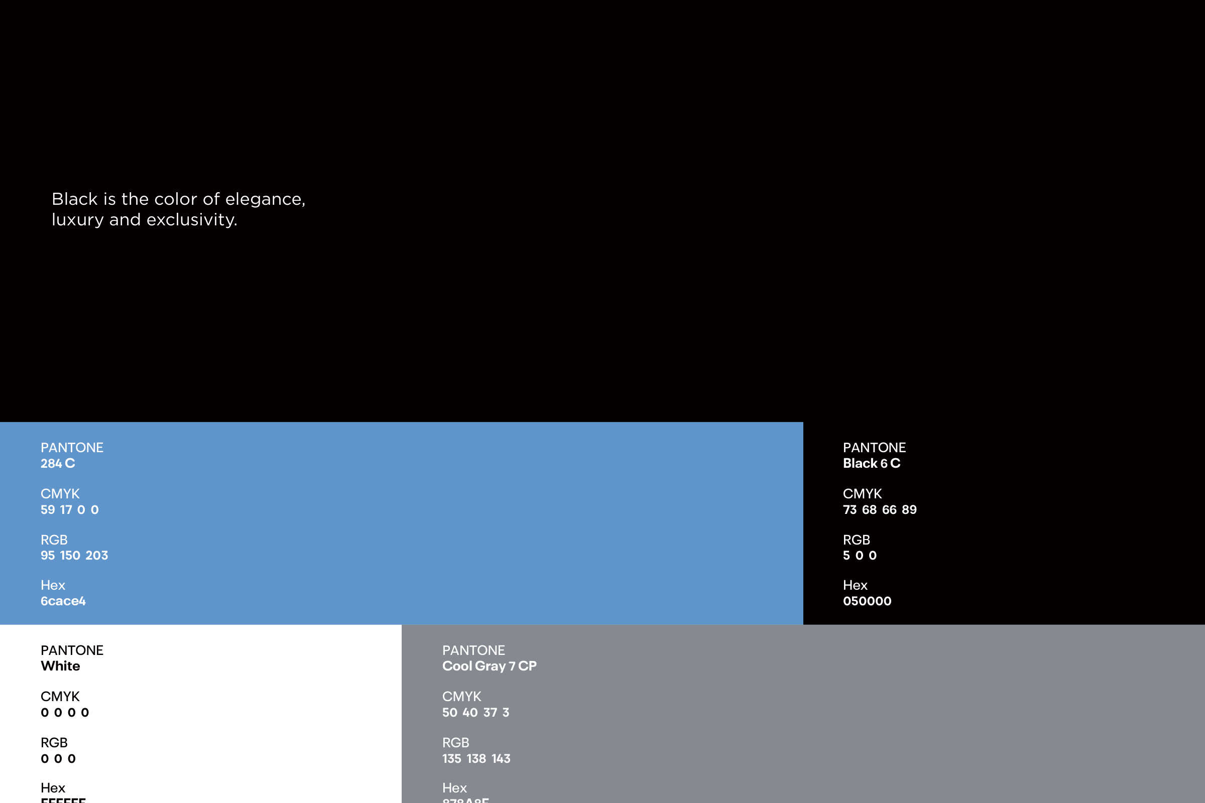 Colour board: a large black field, a blue band, a cool grey block and white, each with Pantone, CMYK, RGB and hex values, and the line Black is the color of elegance, luxury and exclusivity.