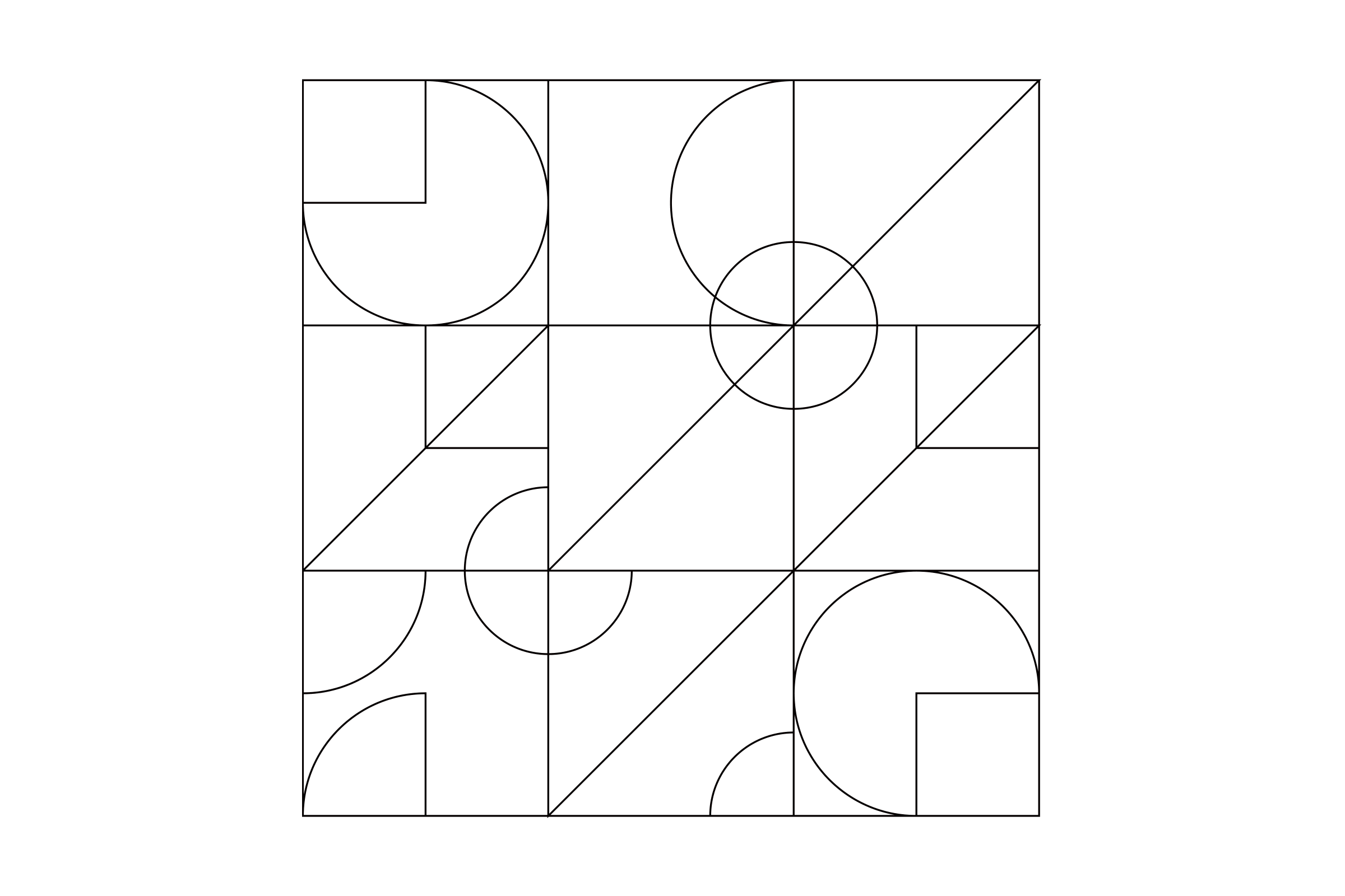 The pattern in thin black lines: a grid of squares filled with quarter circles, semicircles, a circle and diagonals.