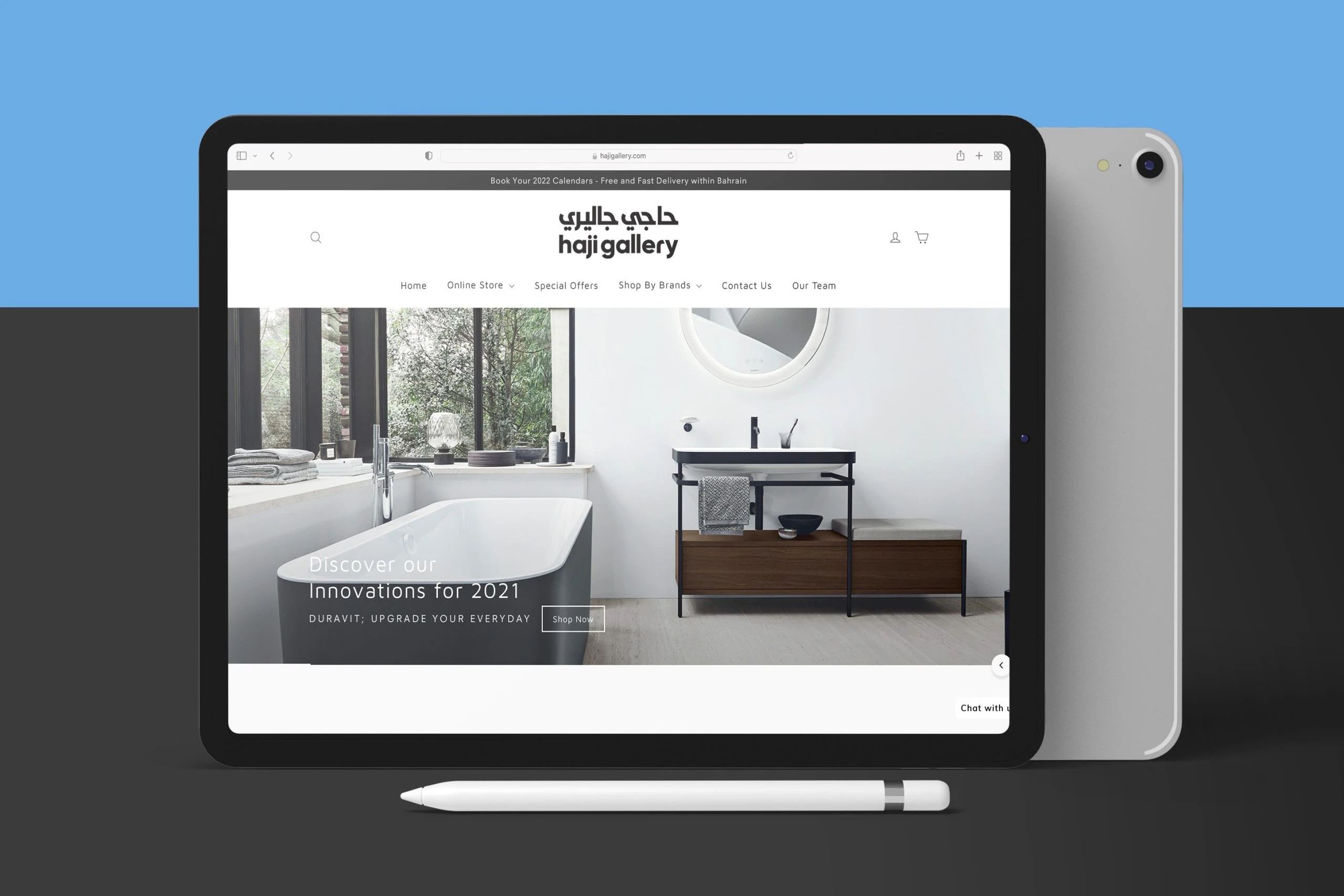 The Haji Gallery website on a tablet, opening on a bathroom with a freestanding tub under the line Innovations for 2021.