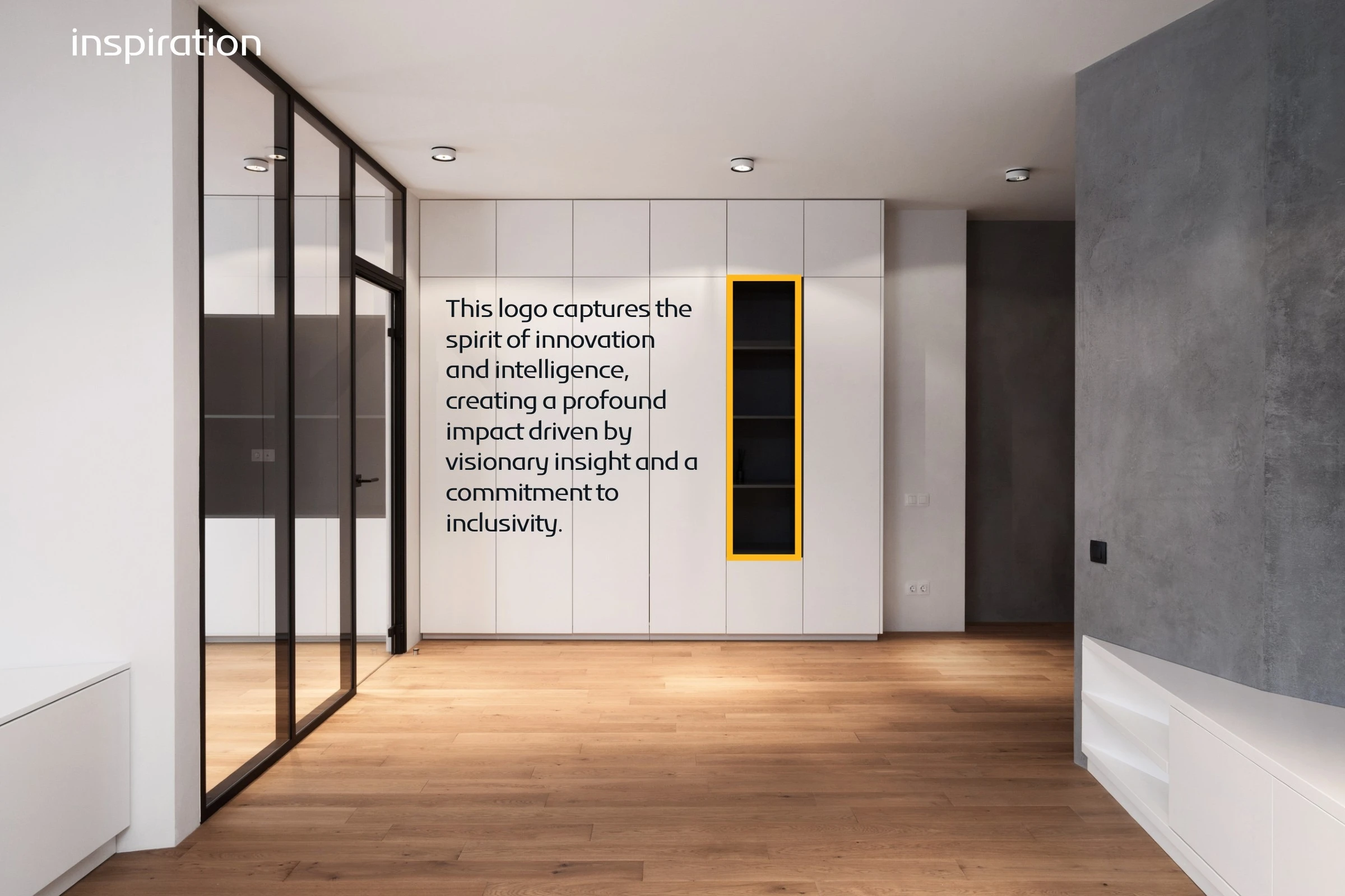 Inspiration board: a bright room with white built-in cabinets and one open niche framed in yellow, beside the statement that the logo captures the spirit of innovation and intelligence.