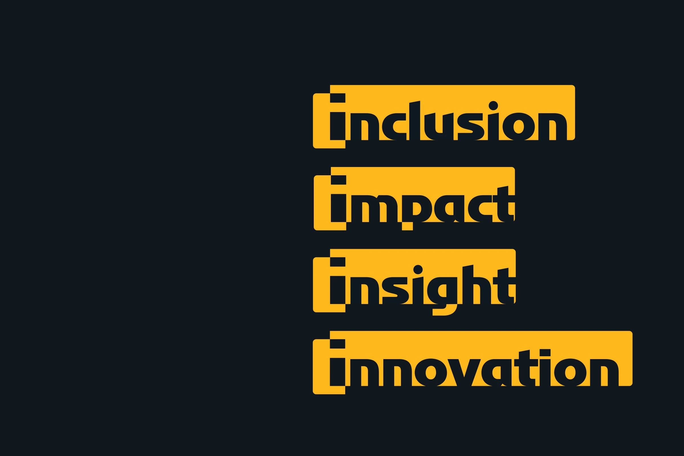 Motivational words: inclusion, impact, insight and innovation in black on yellow tabs, each opening with the emblem’s i, on black.