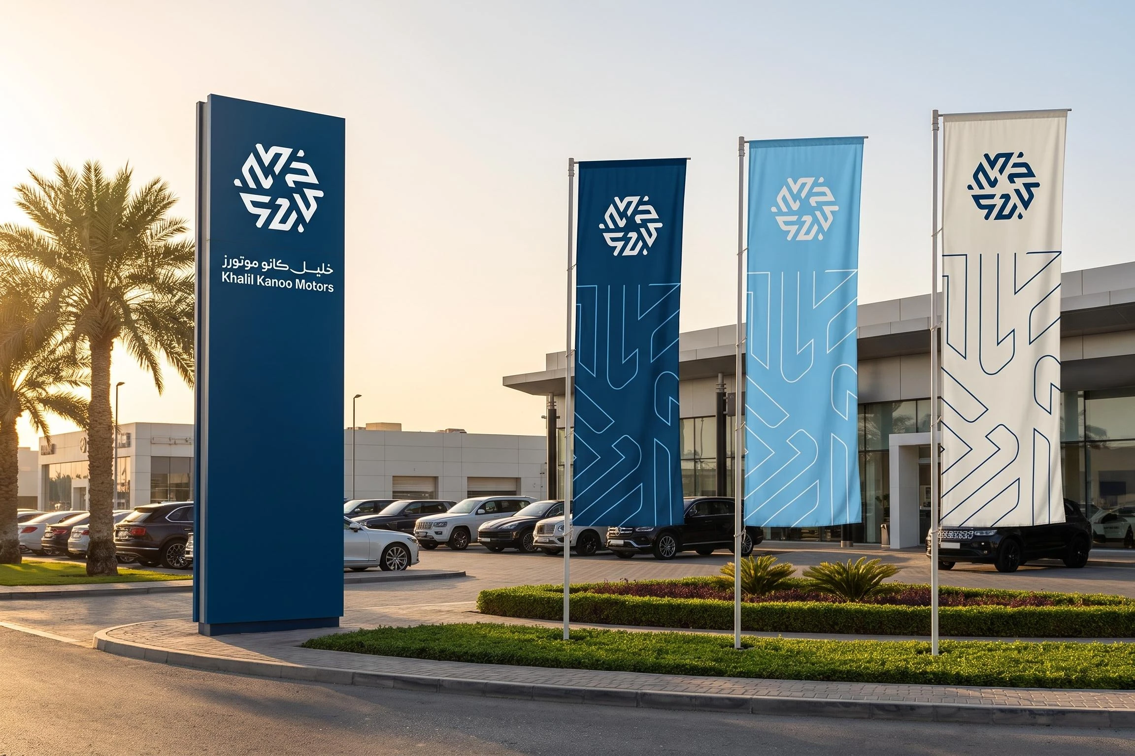 A tall navy pylon with the logo and three flags in navy, sky blue and white, printed with the mark’s strokes, outside a showroom at sunset.