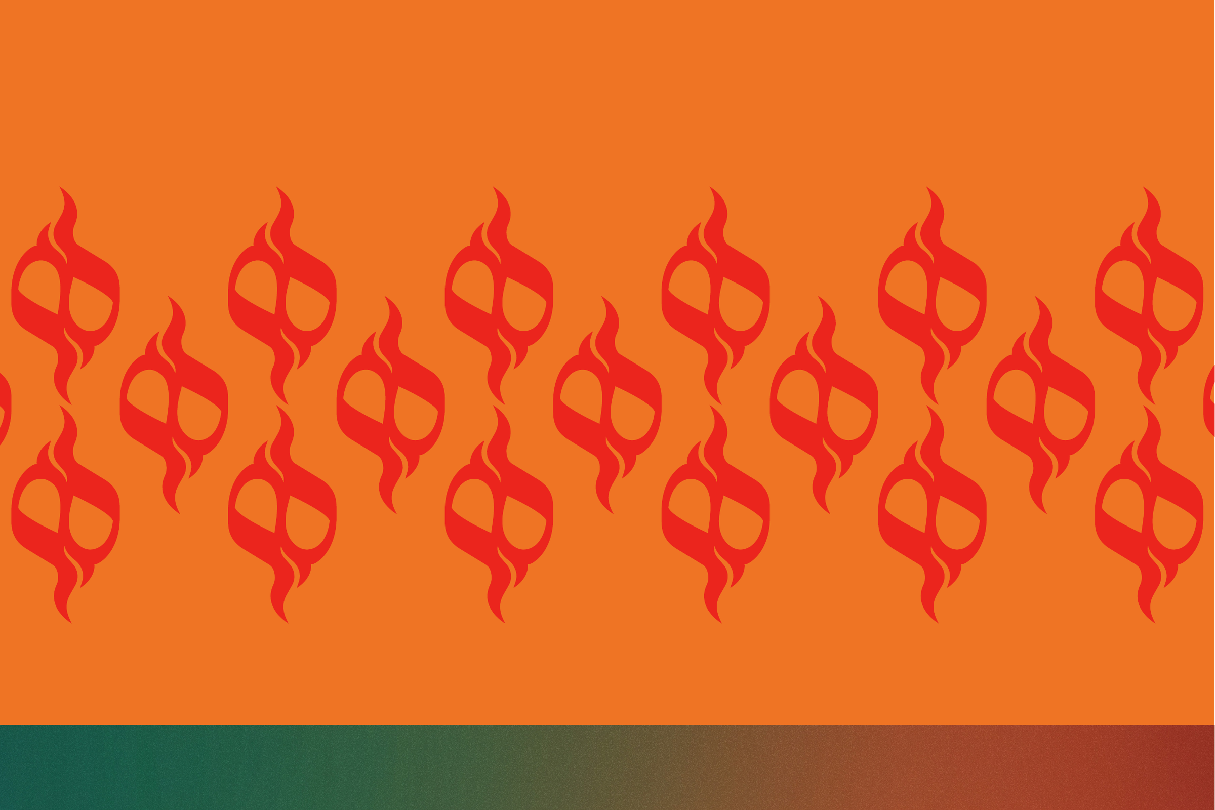 Staggered rows of the flame ه in red on orange, above a strip of gradient from dark green to red.