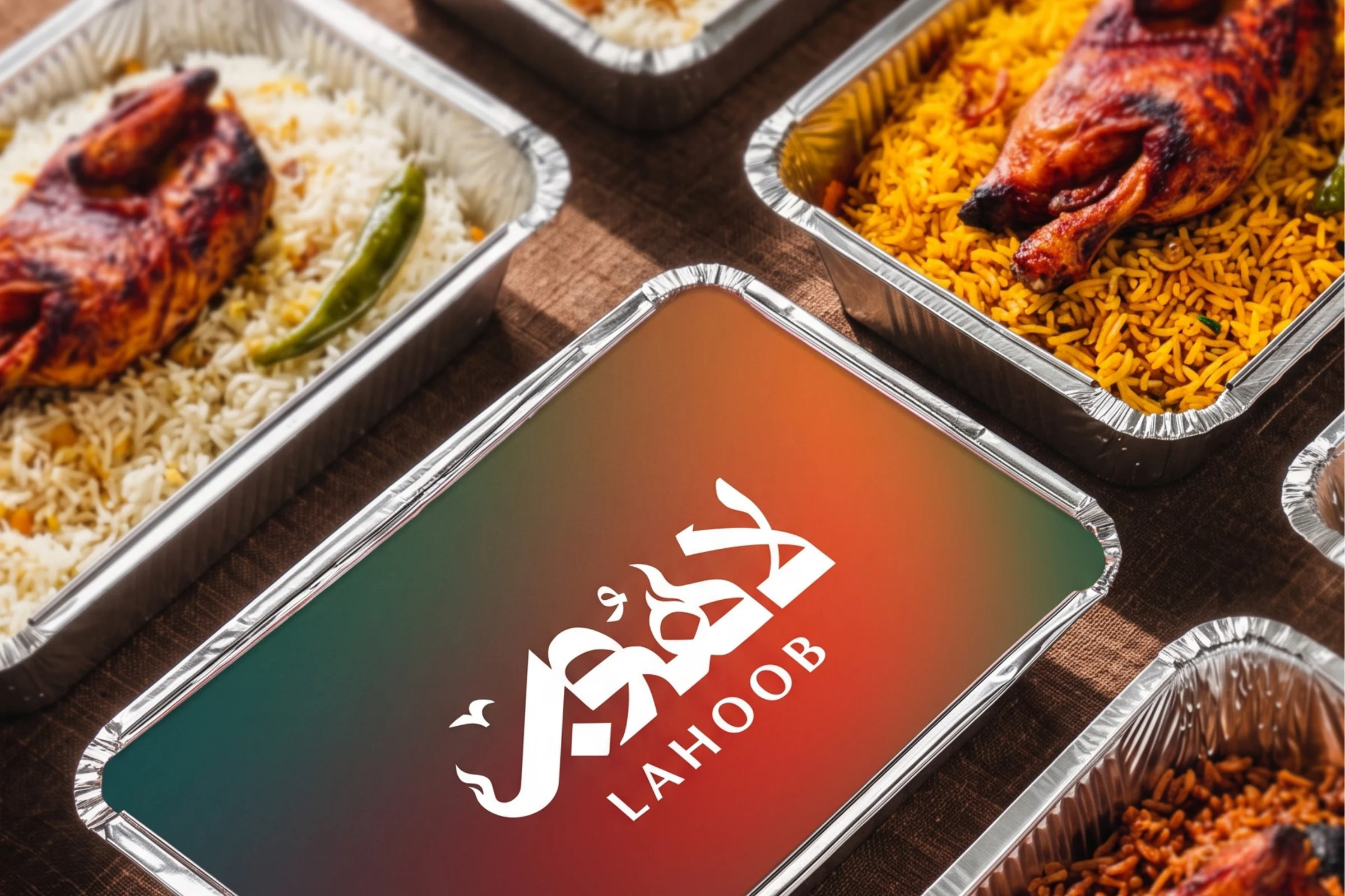 Foil trays of white and yellow rice with grilled chicken on a dark cloth; one is closed with a lid printed with the logo in white on a green, red and orange gradient.