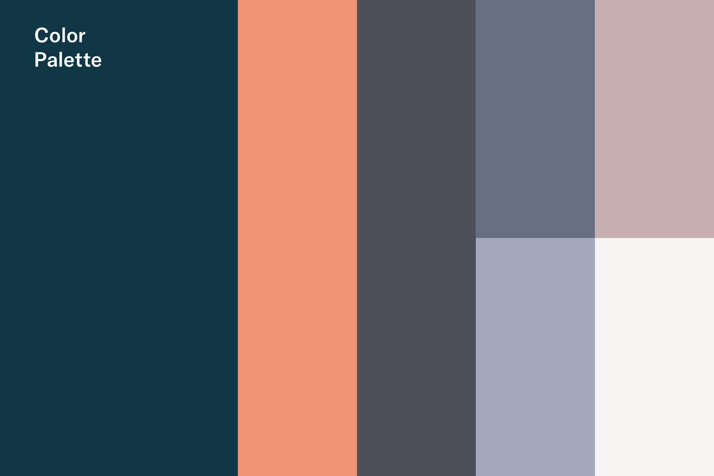 Colour palette in vertical blocks: deep blue, coral and charcoal, then slate blue over lavender grey and dusty pink over off-white.