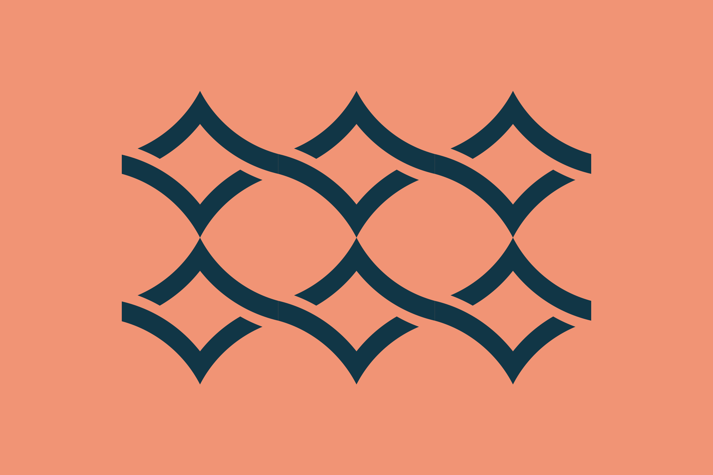 Supportive element: the emblem repeated in two rows of three, linked into a lattice, in deep blue on coral.