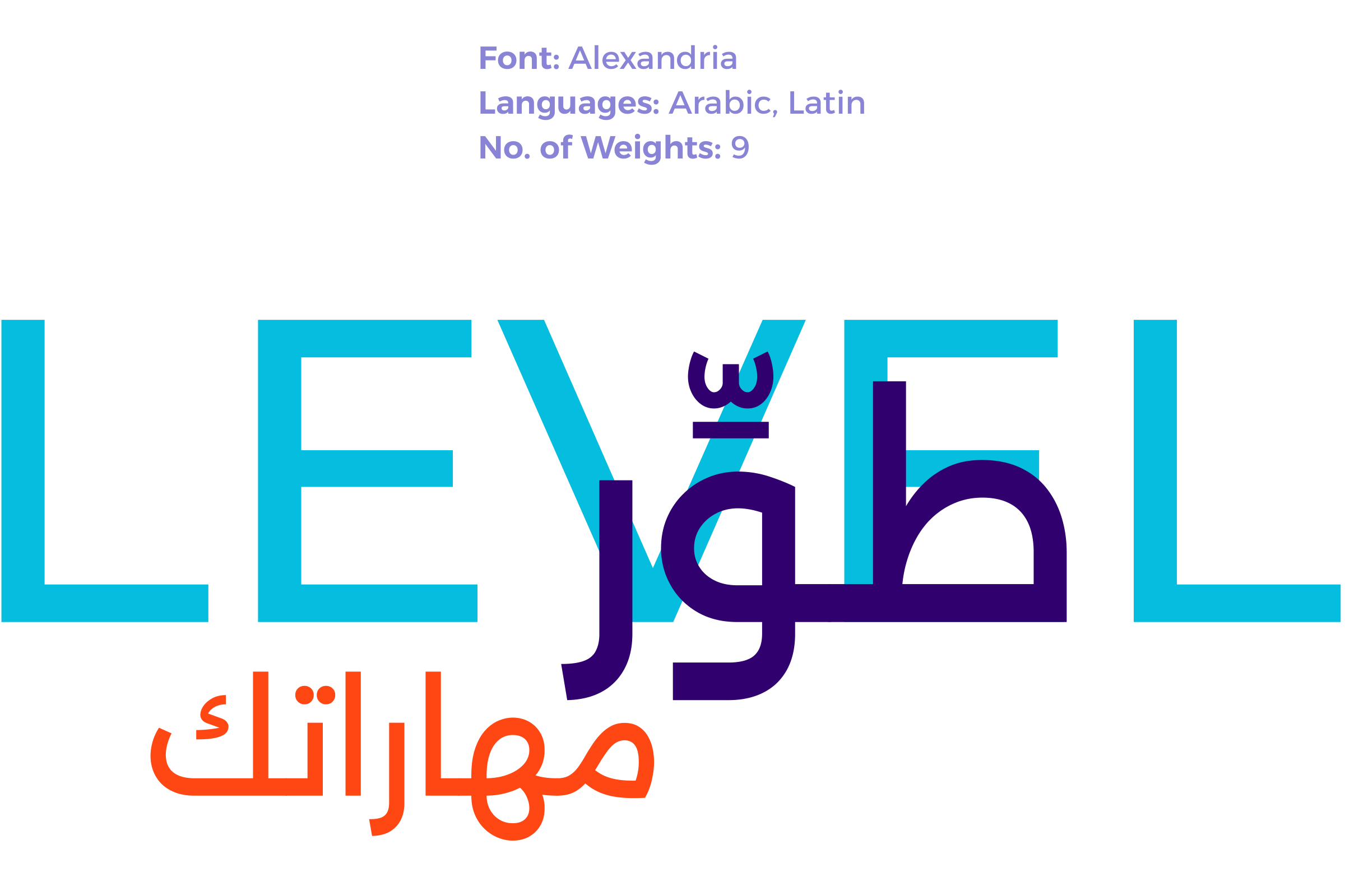 Corporate fonts board: Alexandria for Arabic and Latin in 9 weights, with LEVEL in large cyan letters crossed by طوّر in deep purple and مهاراتك in red-orange.