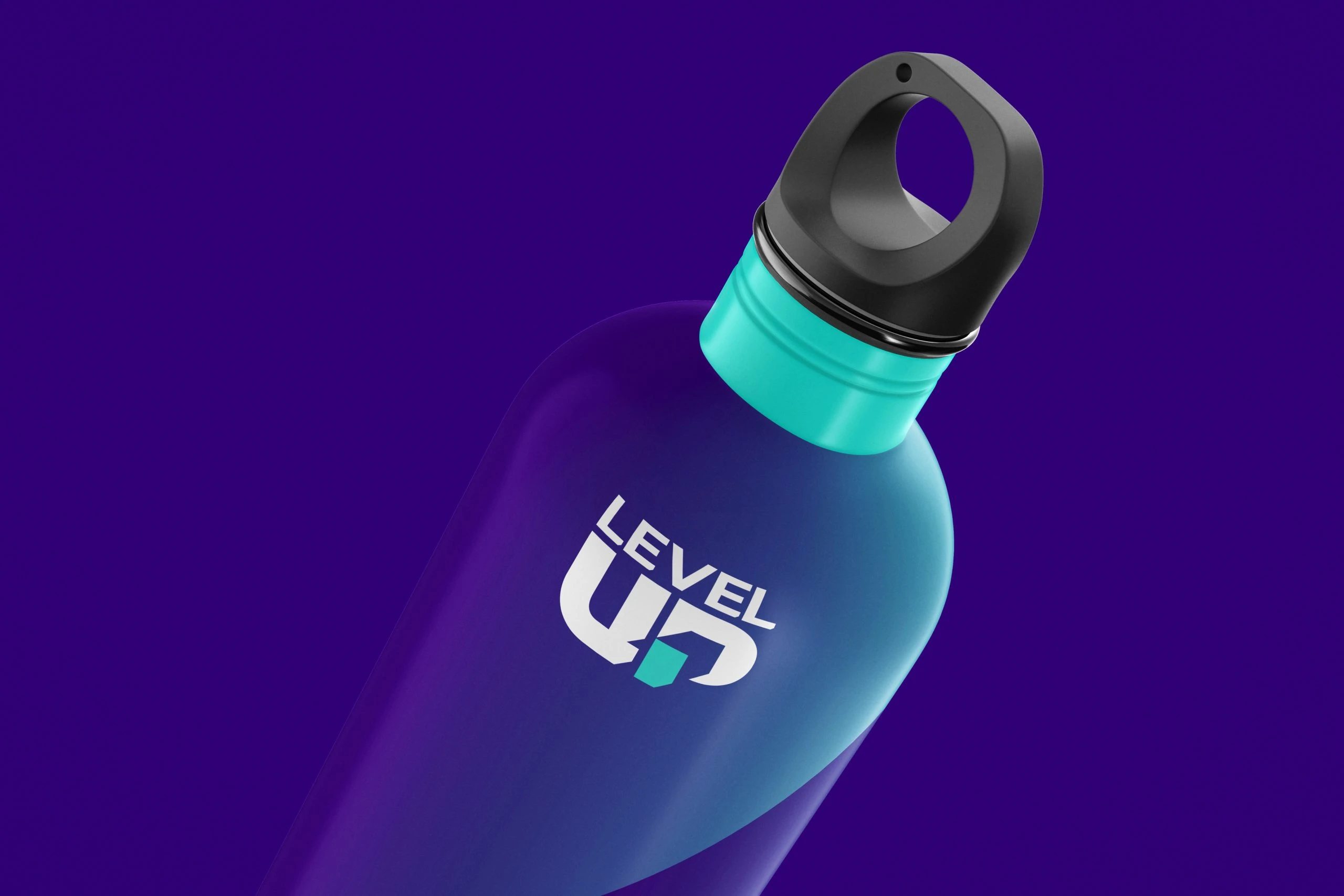 A purple water bottle shading to blue, with a turquoise neck, a black loop cap and the stacked LEVEL UP logo in white and turquoise, on purple.