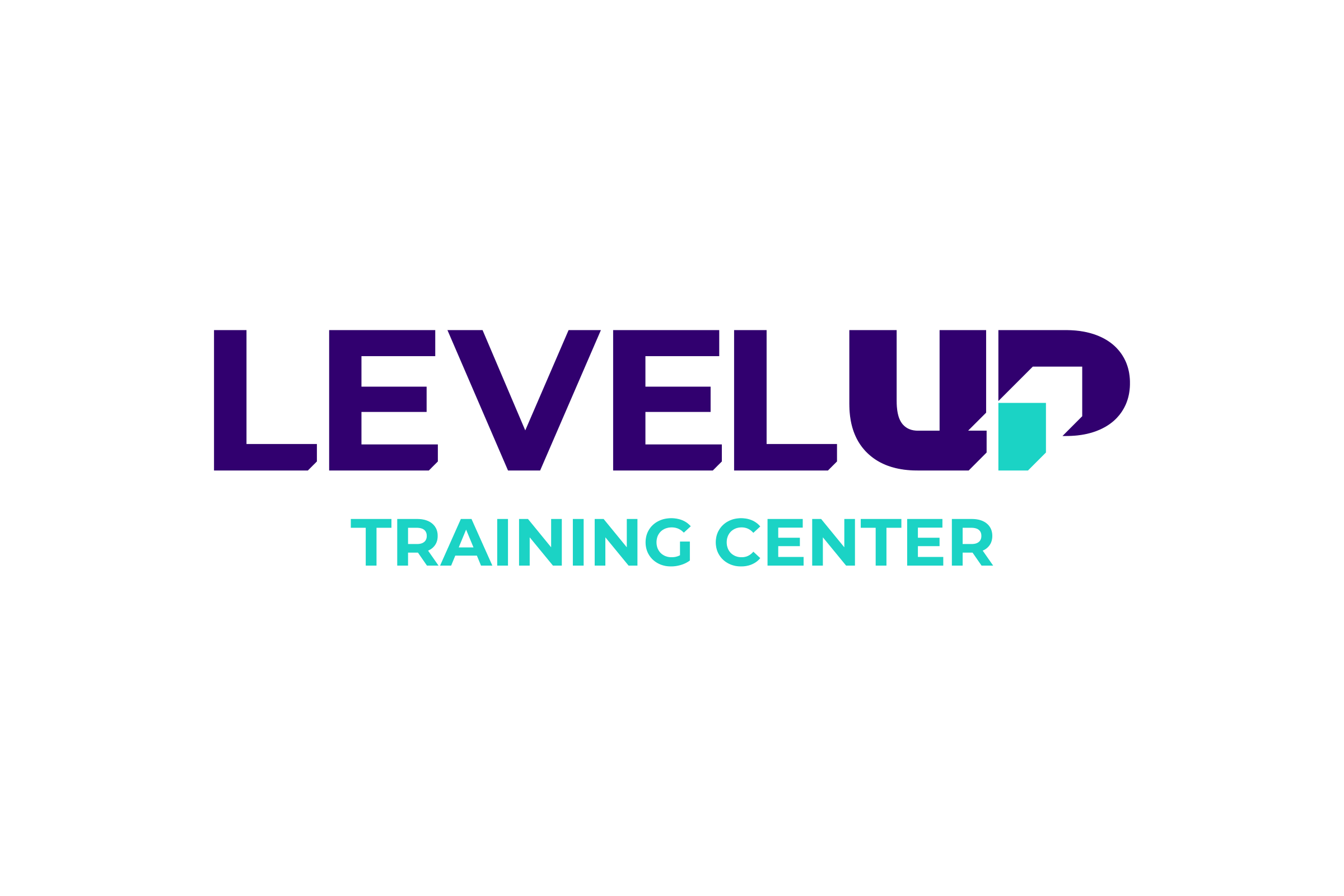 The logo on white: LEVELUP in heavy deep purple capitals with clipped corners, the U and P joined and the P’s stem in turquoise, over TRAINING CENTER.