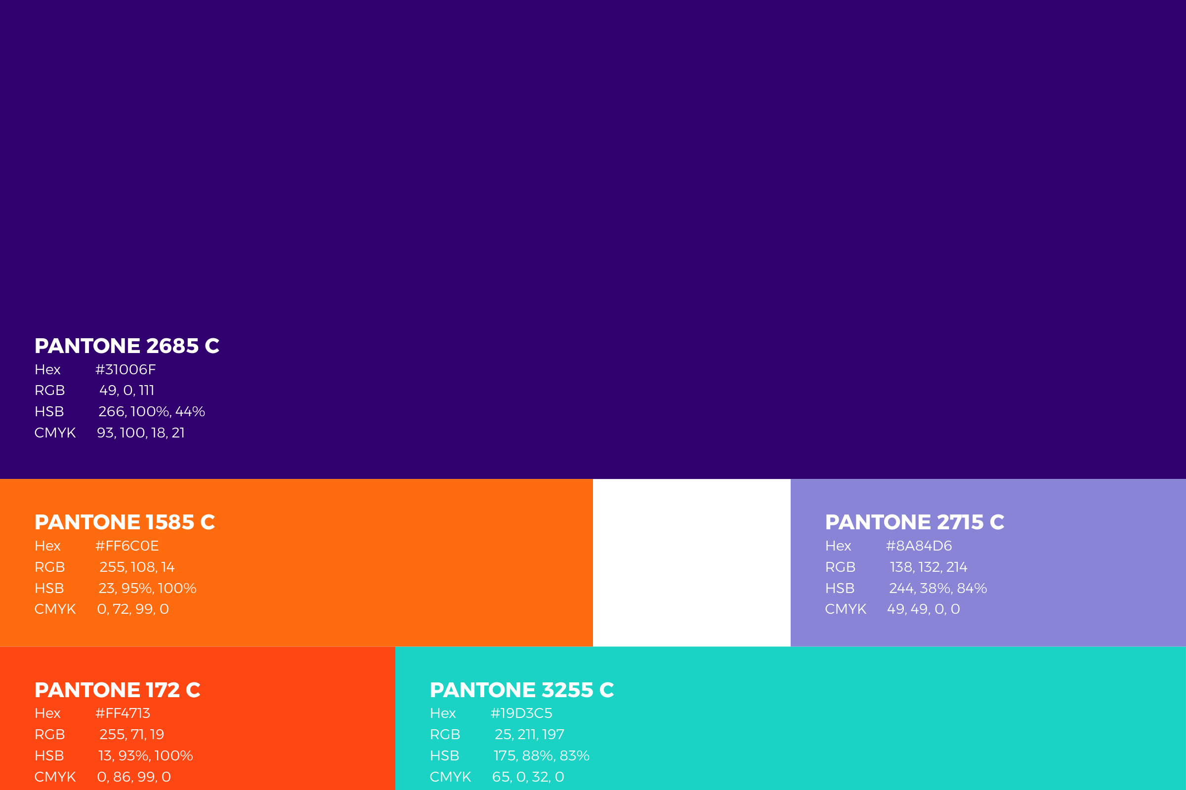 Colour palette: a large deep purple block over orange, white, lavender, red-orange and turquoise blocks, the colours listed with Pantone, hex, RGB, HSB and CMYK values.