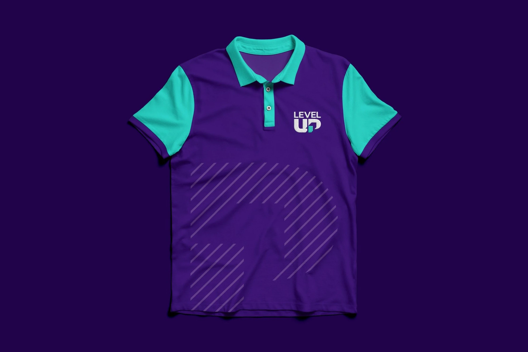 A purple polo shirt with turquoise sleeves and collar, the stacked LEVEL UP logo on the chest and a large P drawn in diagonal stripes across the front.
