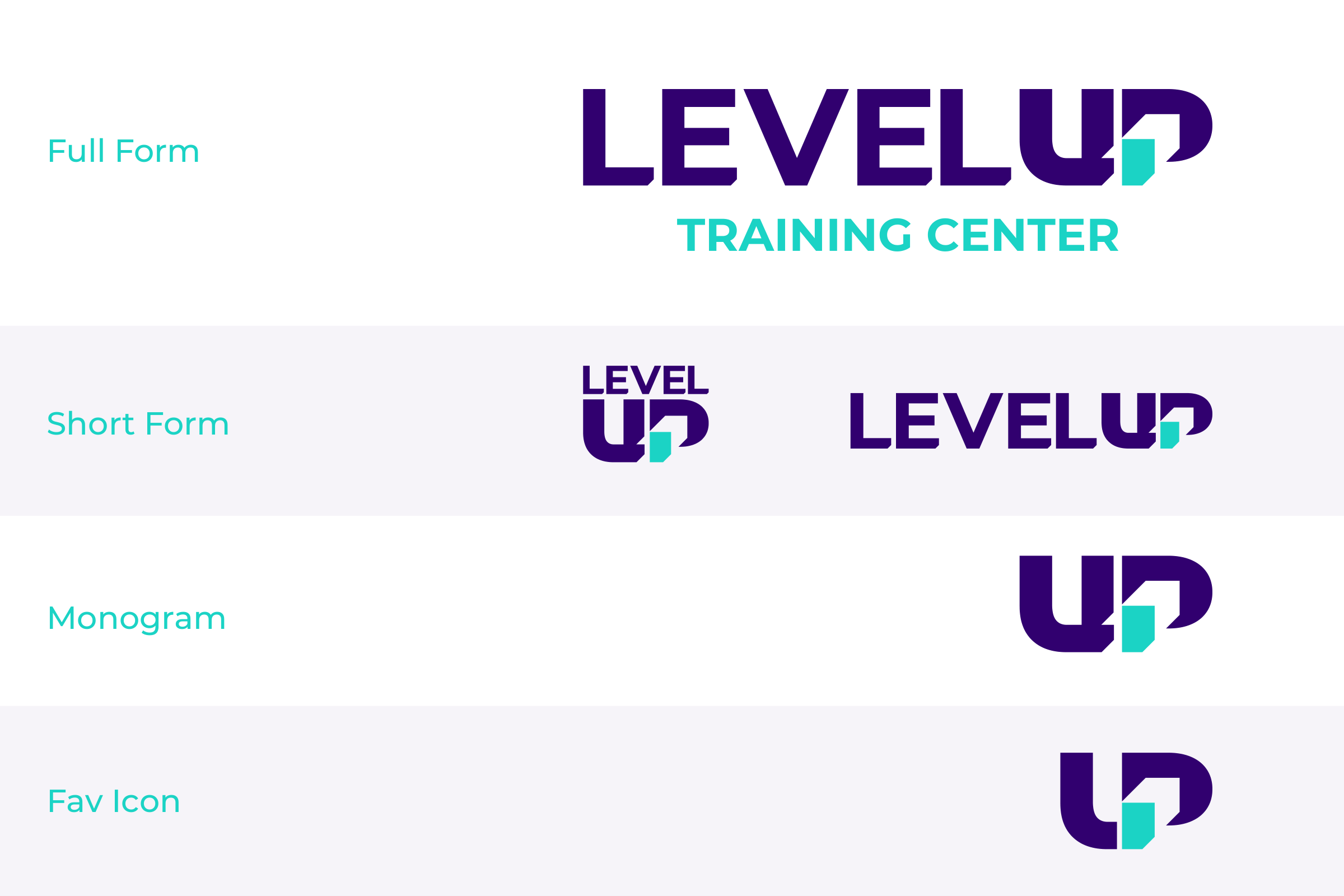 Logo responsiveness: the full form with TRAINING CENTER, a short form stacked and on one line, the UP monogram and a favicon, in purple and turquoise on white and pale grey rows.