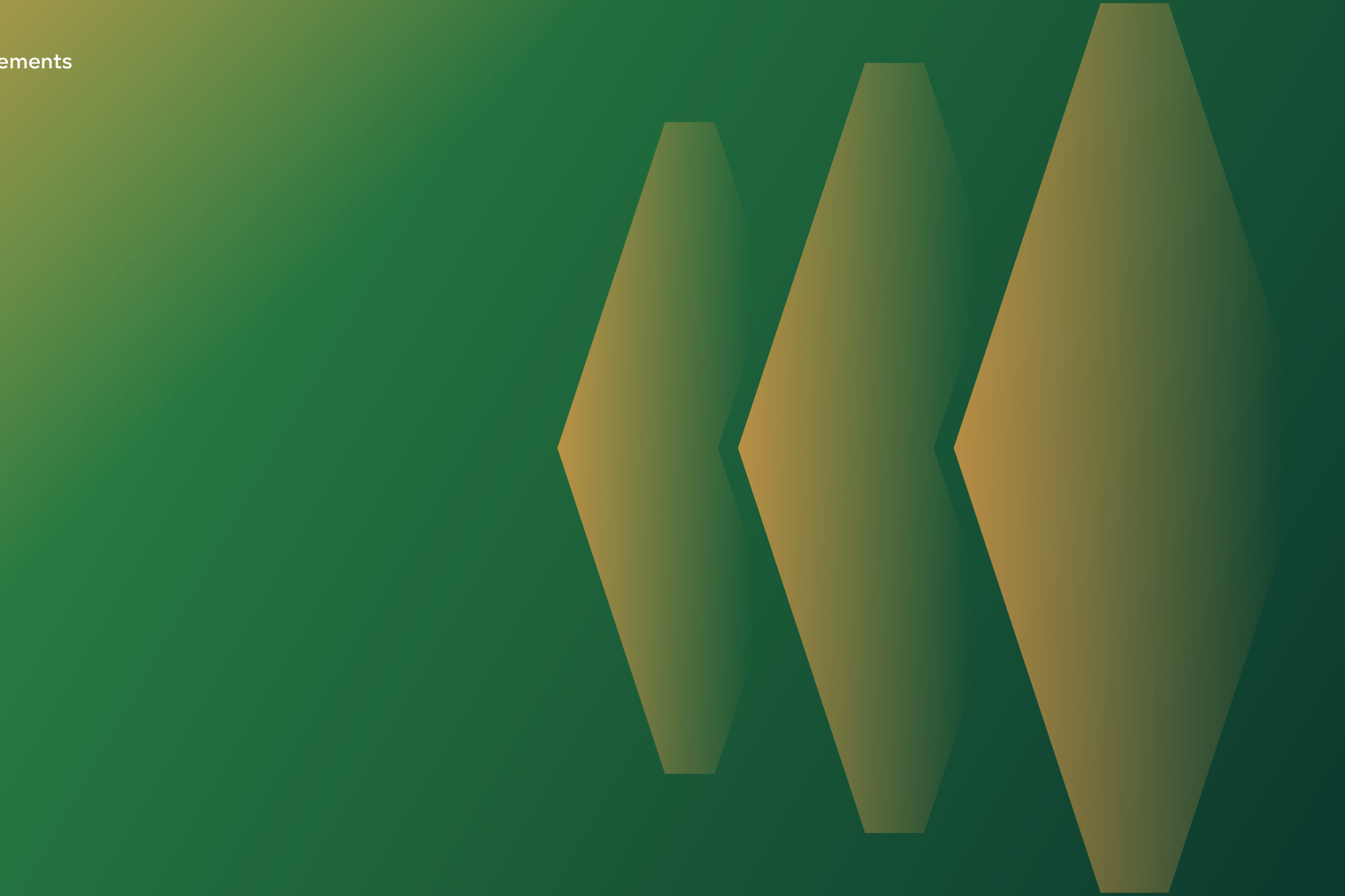 The three hexagons in amber-to-green gradients with gaps between them, set large on a green gradient that turns amber in the top-left corner.