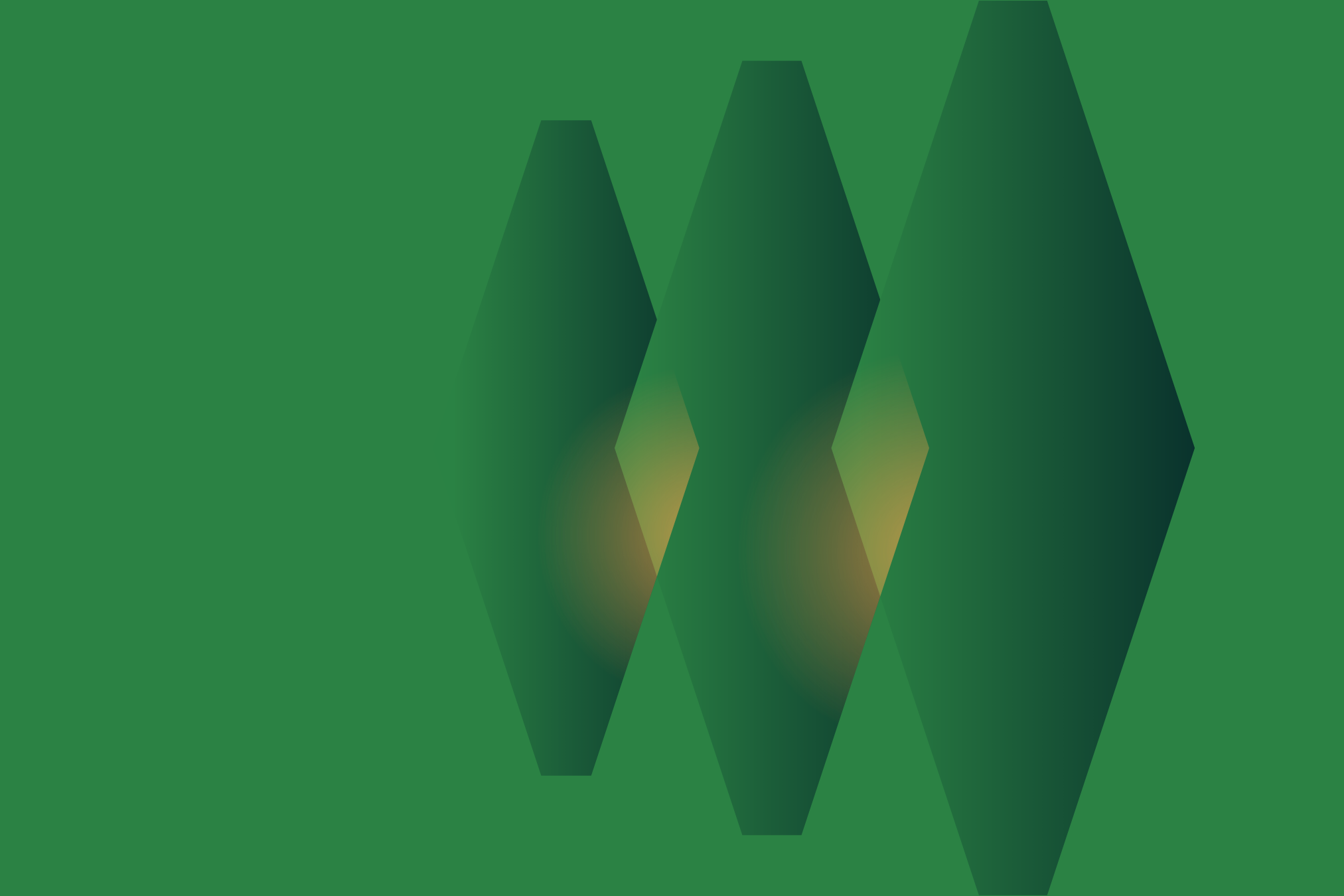 The three hexagons set large on green, the tallest reaching the top and bottom edges, glowing amber where they overlap.
