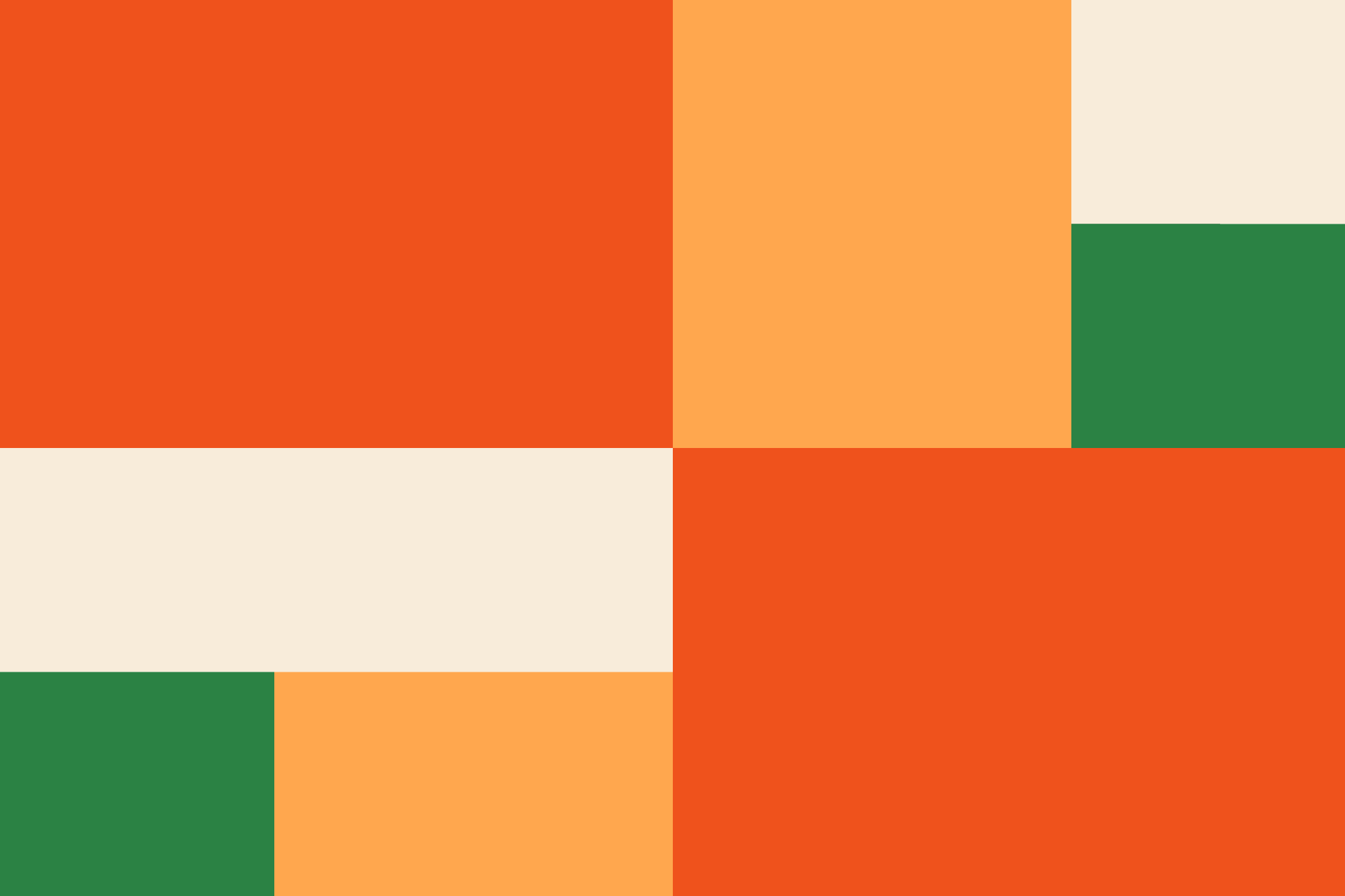Colour palette: blocks of orange, light orange, cream and green in a grid, the orange blocks largest.