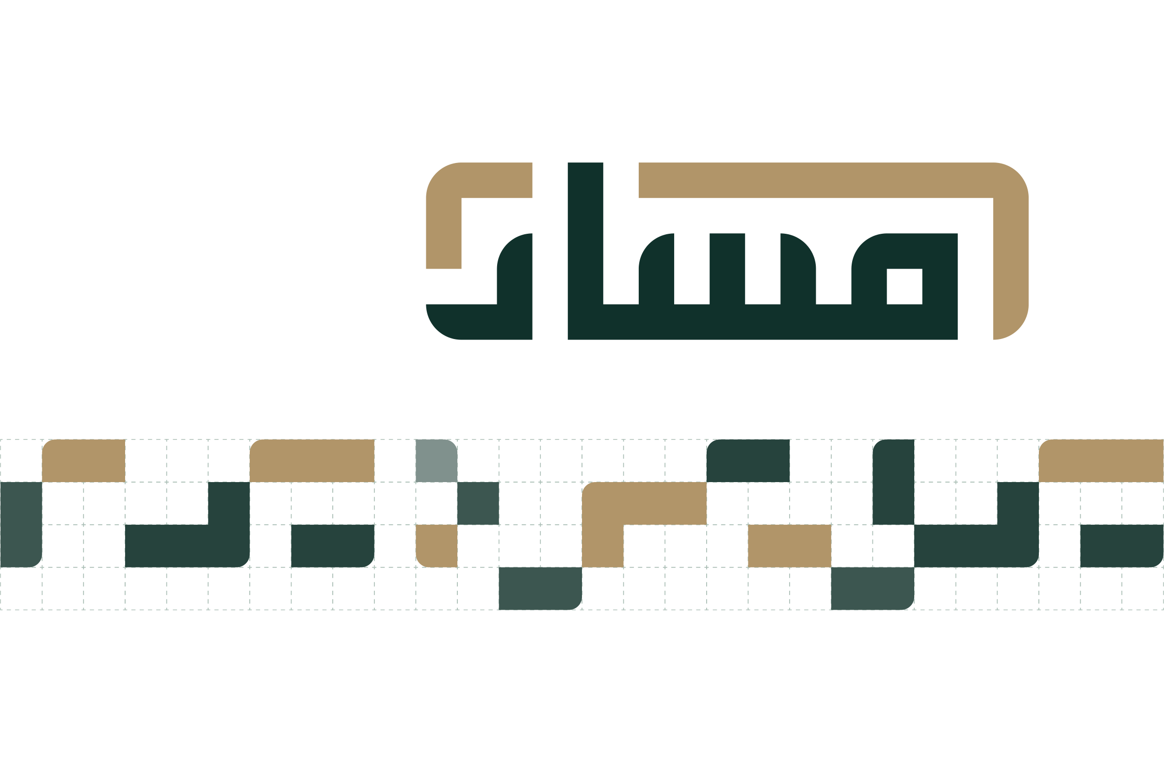 The logo above a band of small rectangles in gold, dark green and grey, set out on a grid.