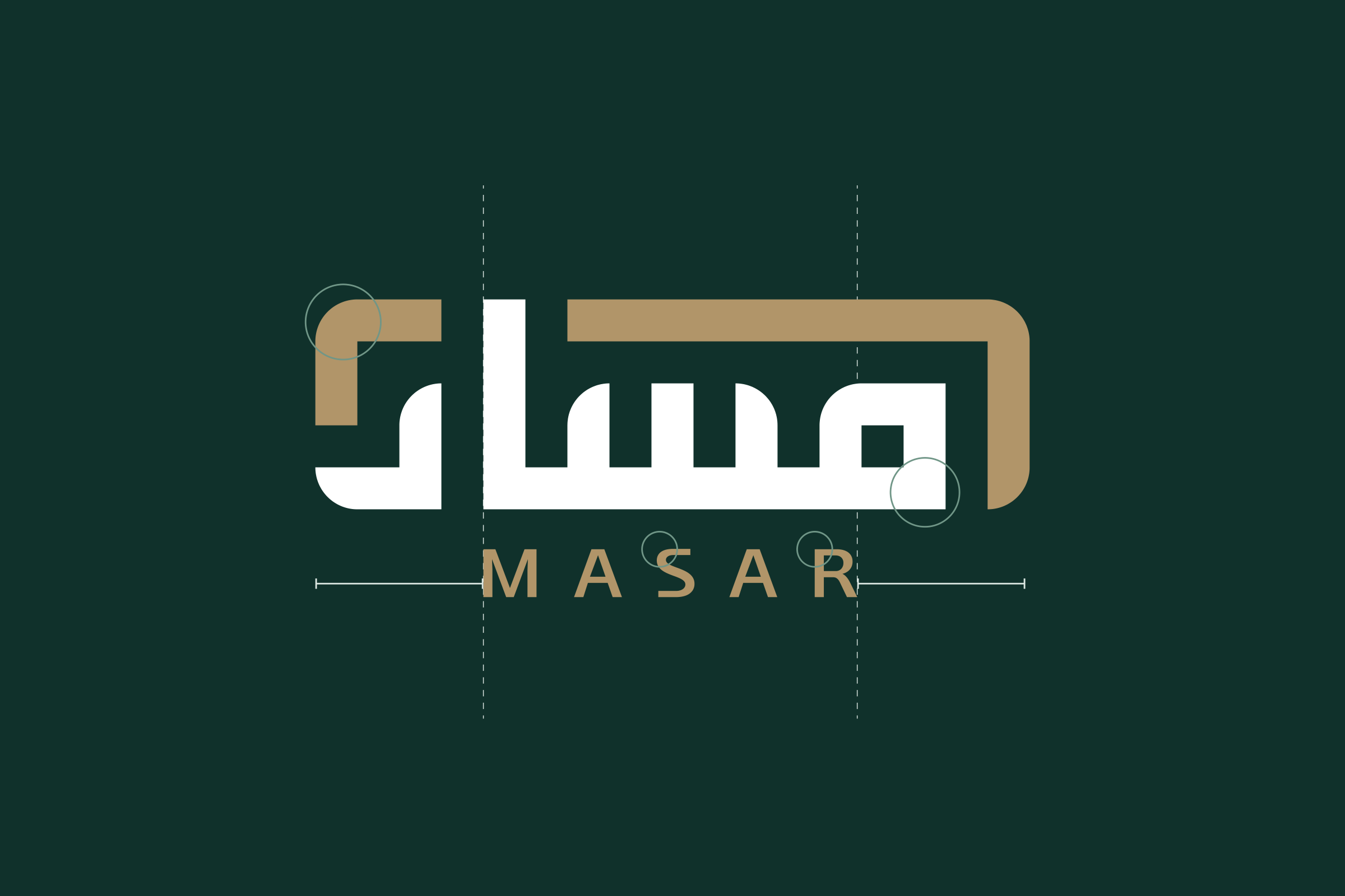 The enhanced logo on deep green with construction lines: the Arabic mark in white inside a gold frame, MASAR in gold beneath.