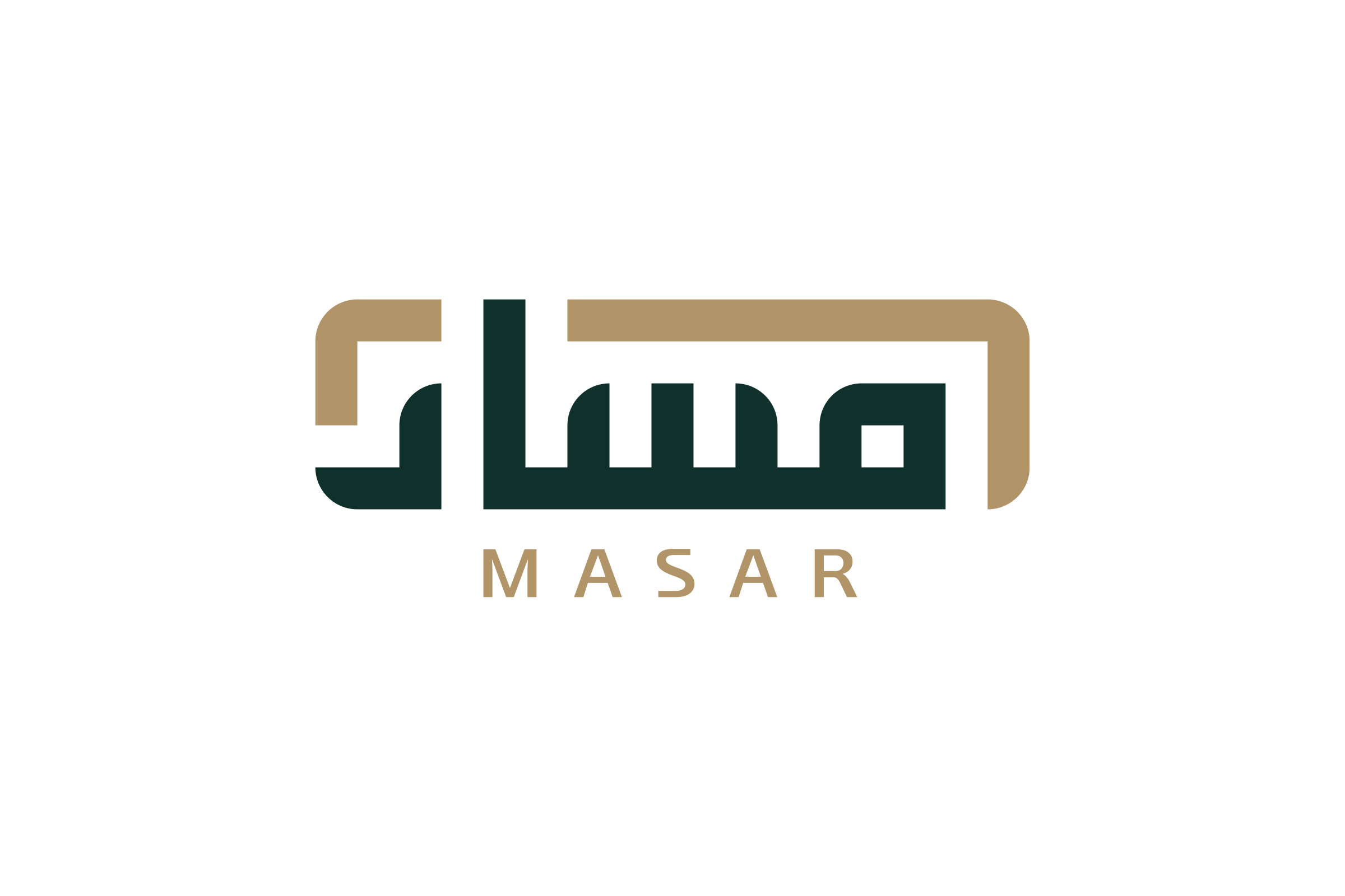 The enhanced logo on white: the Arabic mark in dark green inside a gold frame, MASAR in gold beneath.