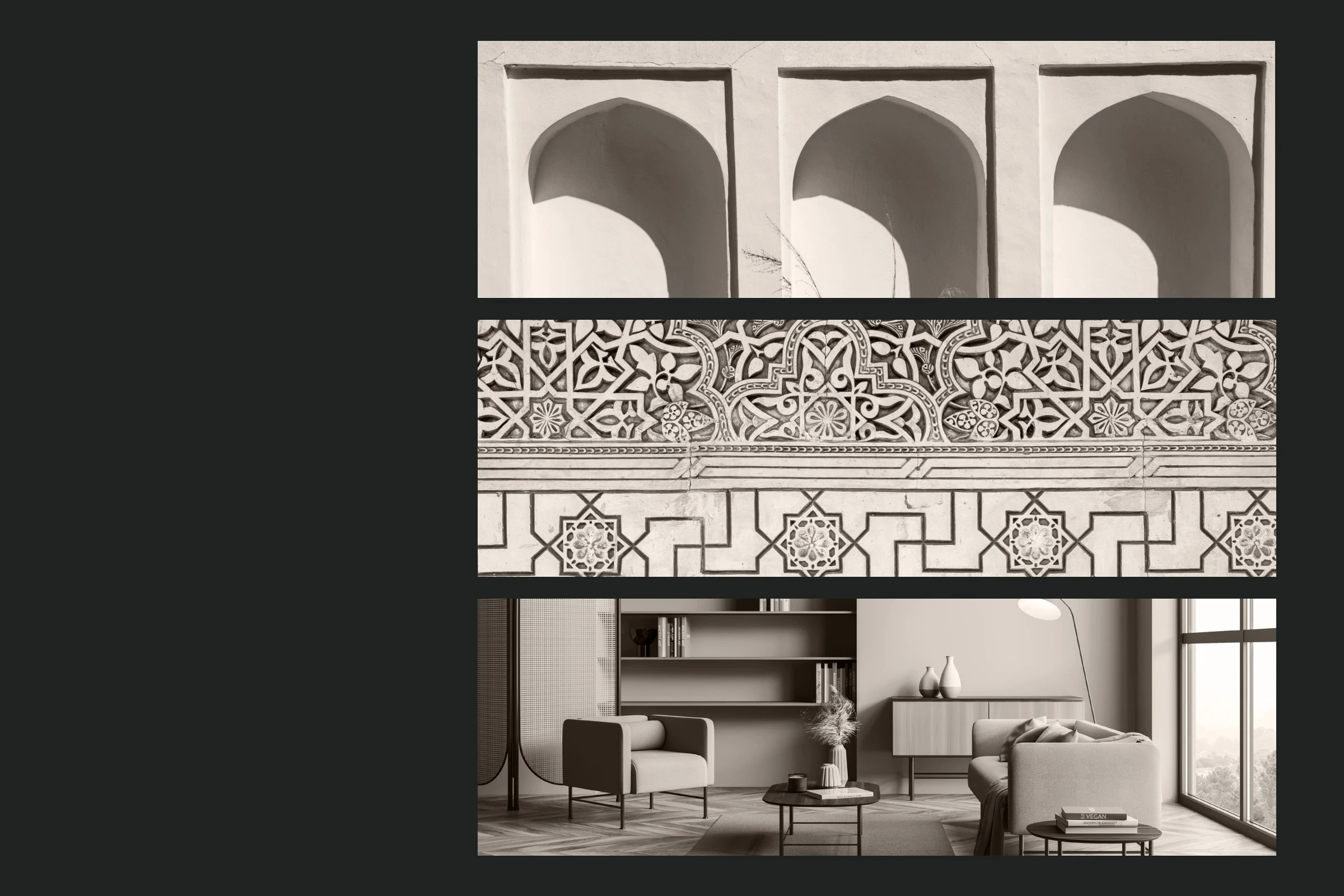 Inspiration board on charcoal: arched niches, a carved geometric pattern and a calm interior.
