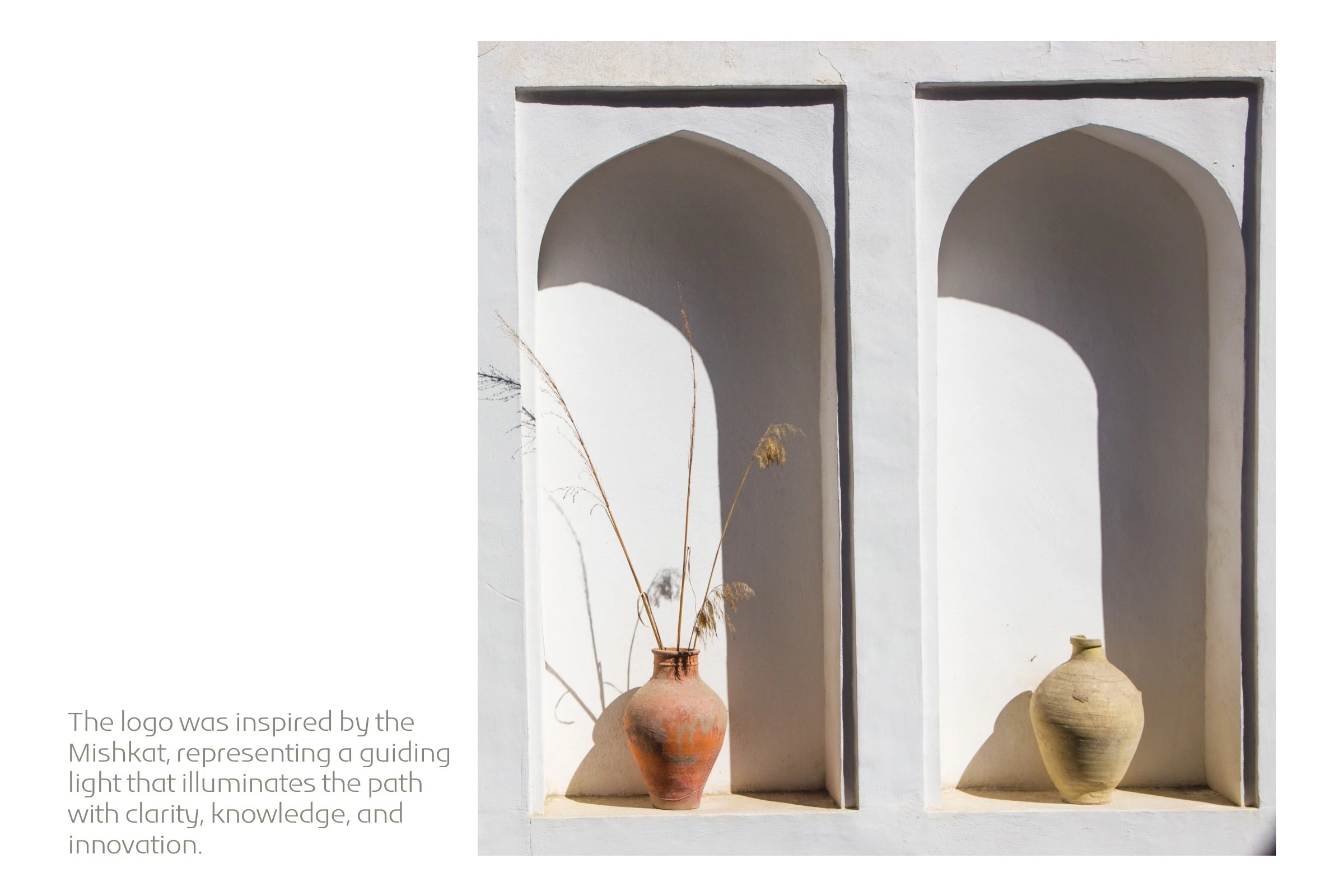 Intro board: two arched wall niches holding clay vases, beside the note that the logo was inspired by the Mishkat.