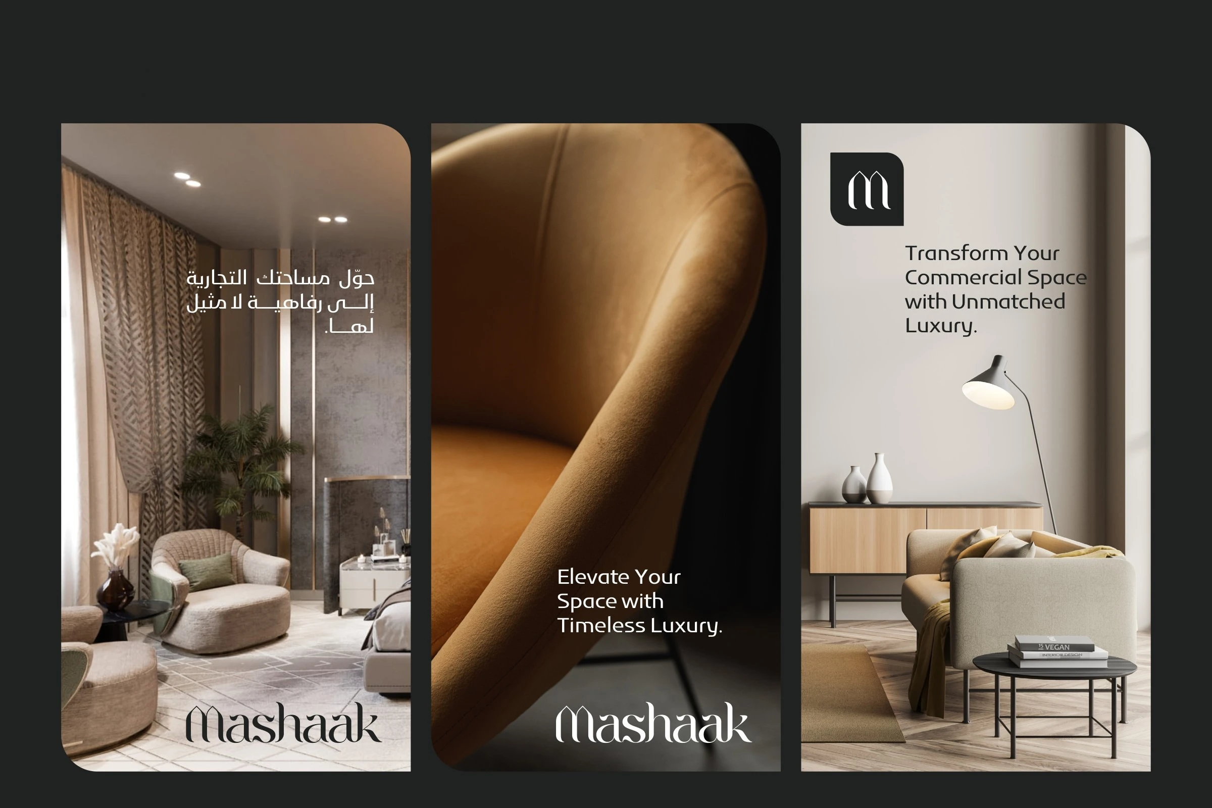 Layout board: three posts with interiors, the Mashaak logotype and the lines Elevate Your Space with Timeless Luxury and Transform Your Commercial Space with Unmatched Luxury.