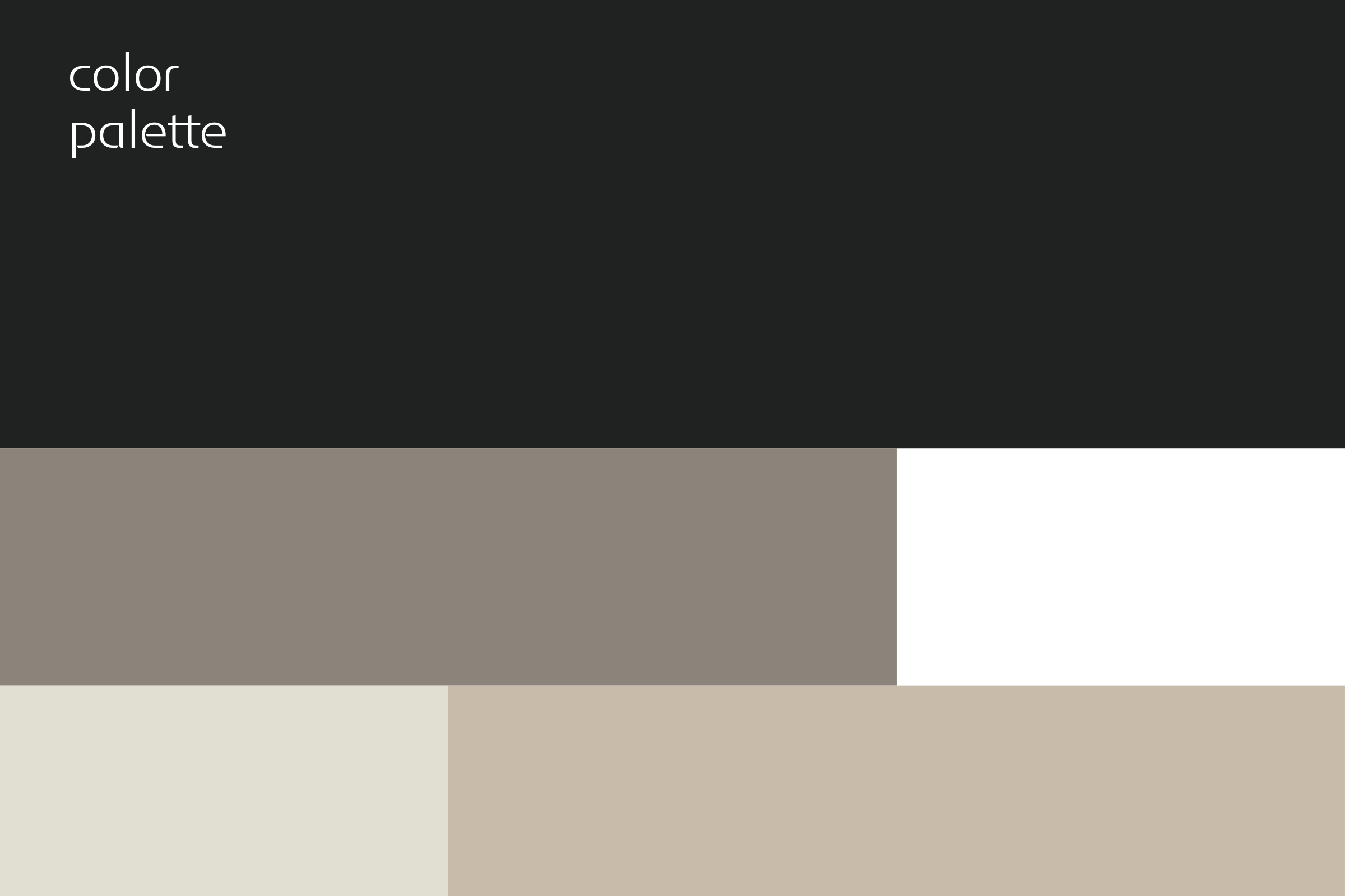 Colour palette: charcoal, taupe, white, light stone and sand in blocks.