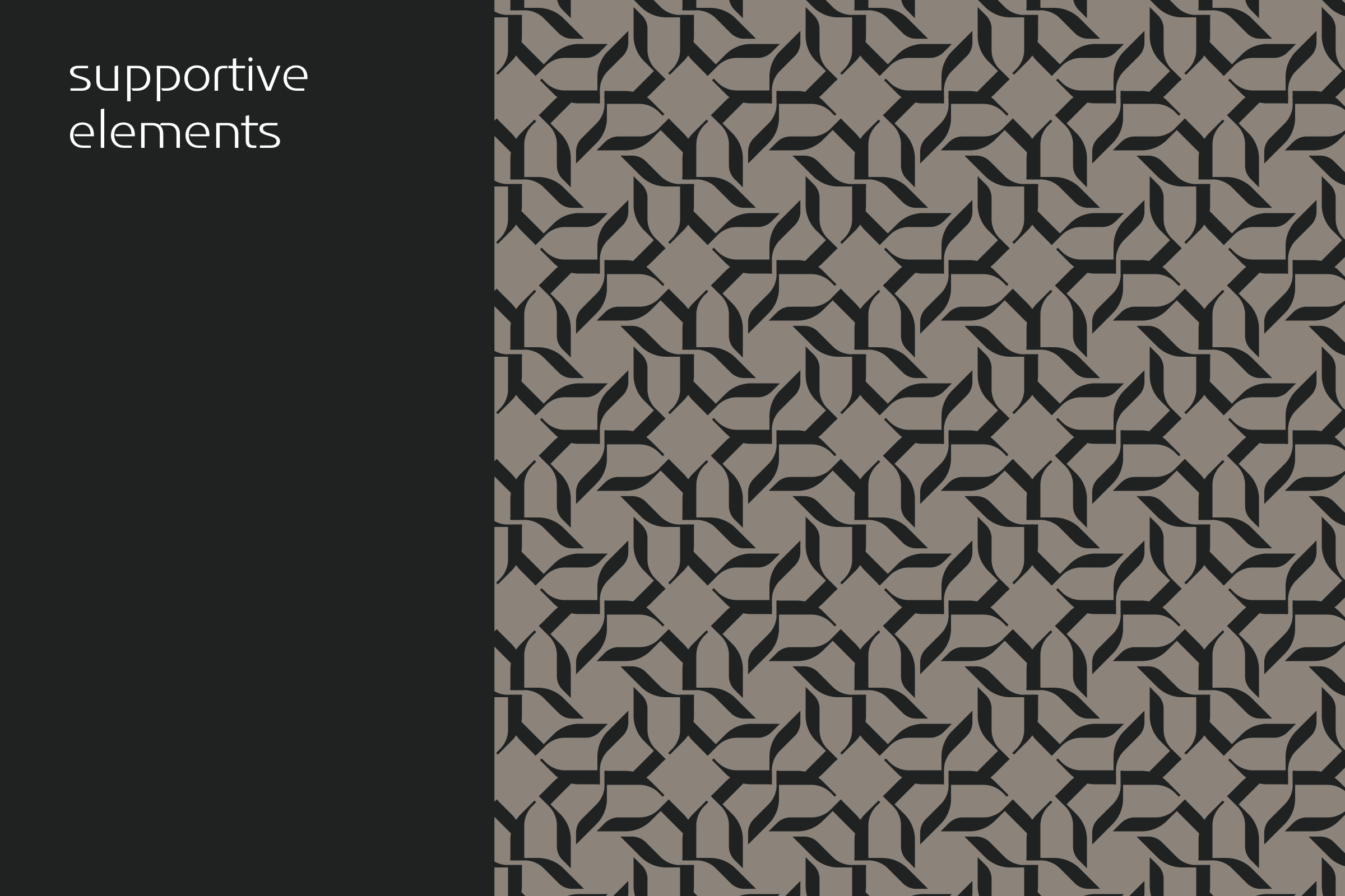 Supporting pattern: interlocking angular shapes in charcoal on taupe.