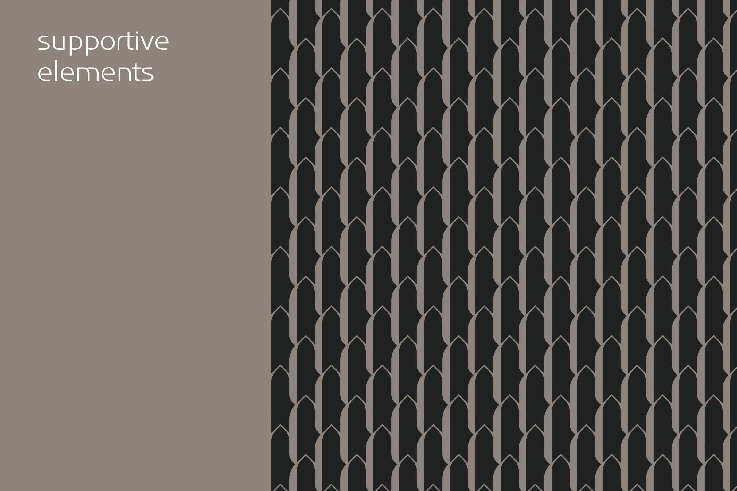 Supporting pattern: rows of tall arches in fine taupe lines on charcoal.