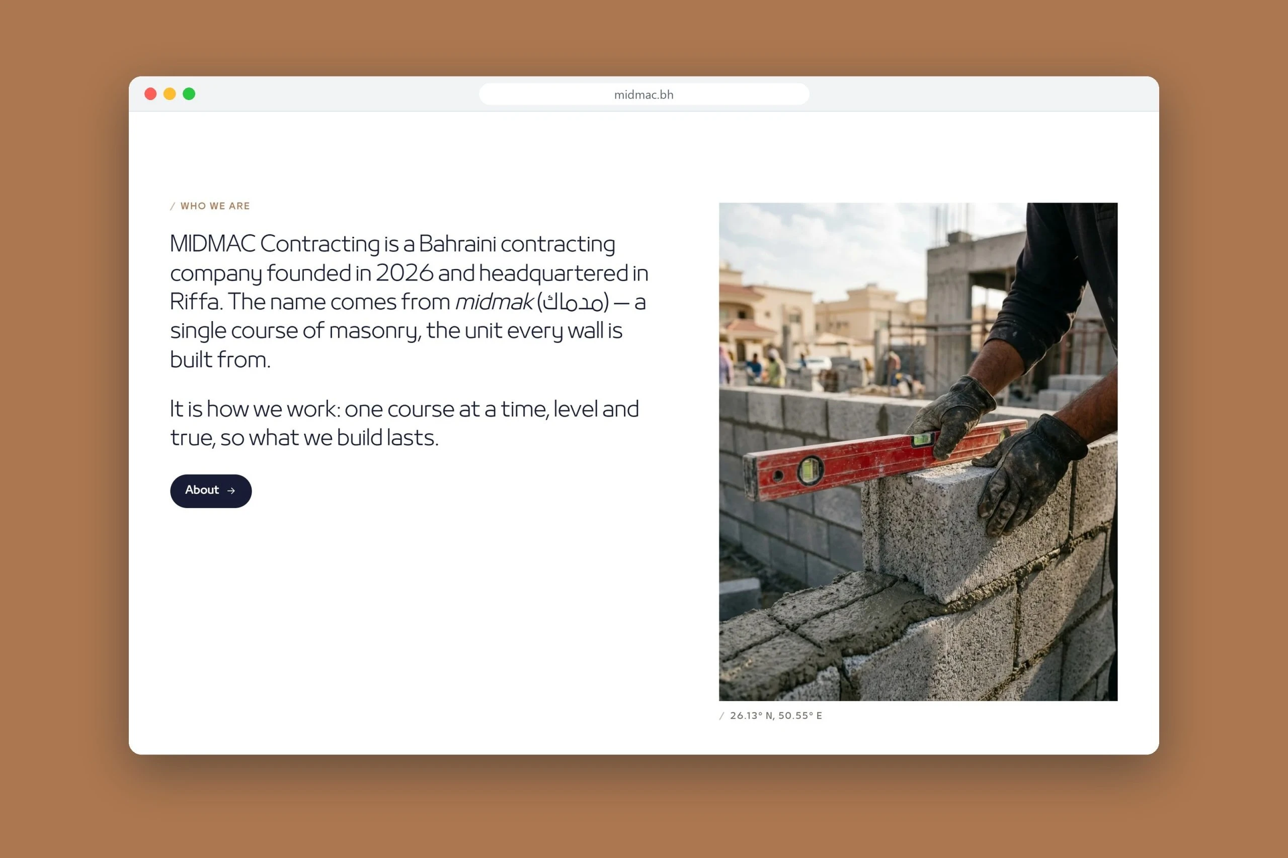 A browser window on copper with the Who we are section: the story of the name, from midmak, a single course of masonry, beside a photograph of a block being levelled.