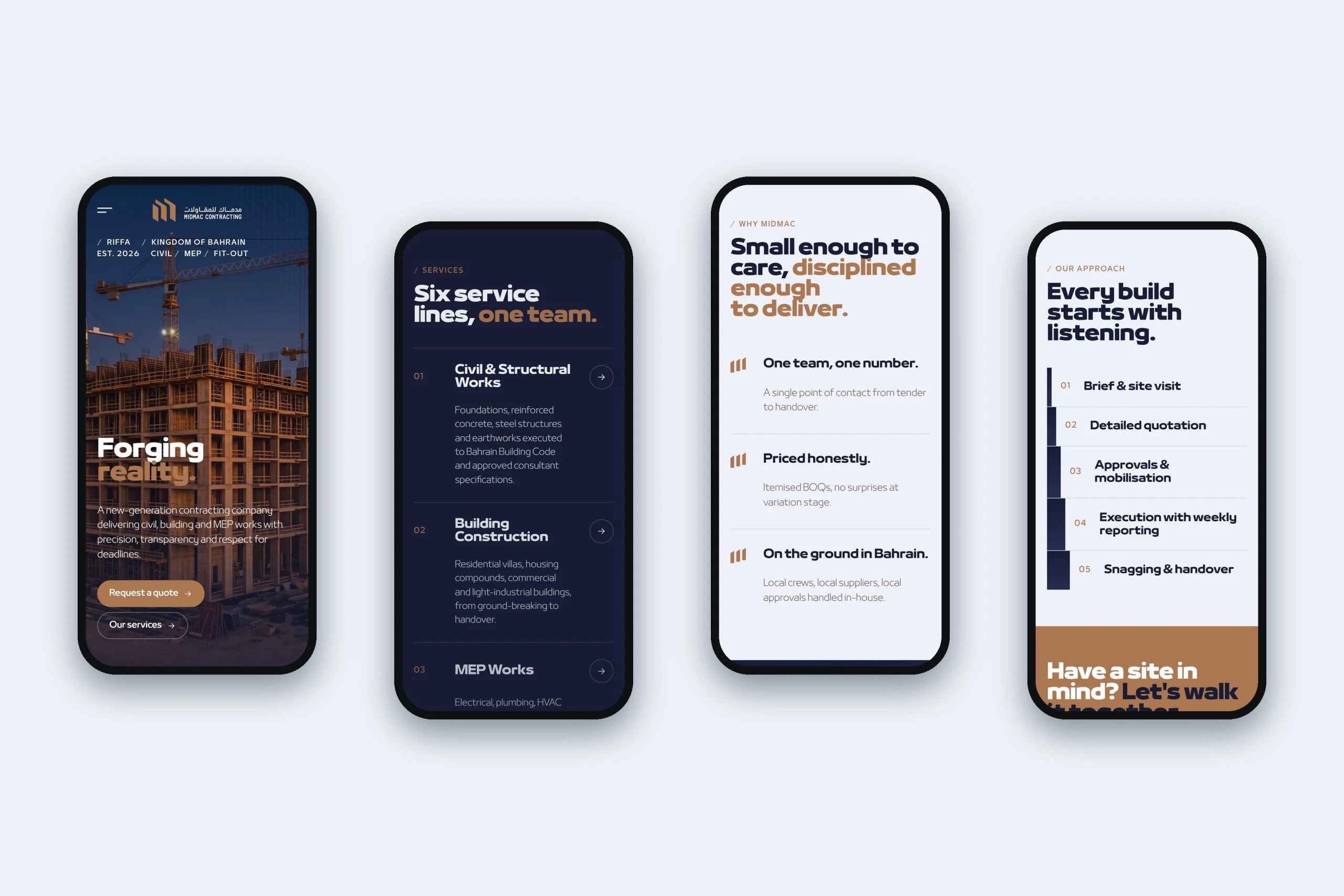 Four phone screens: Forging reality over a building site, the service lines, Small enough to care, and the five steps of every build.