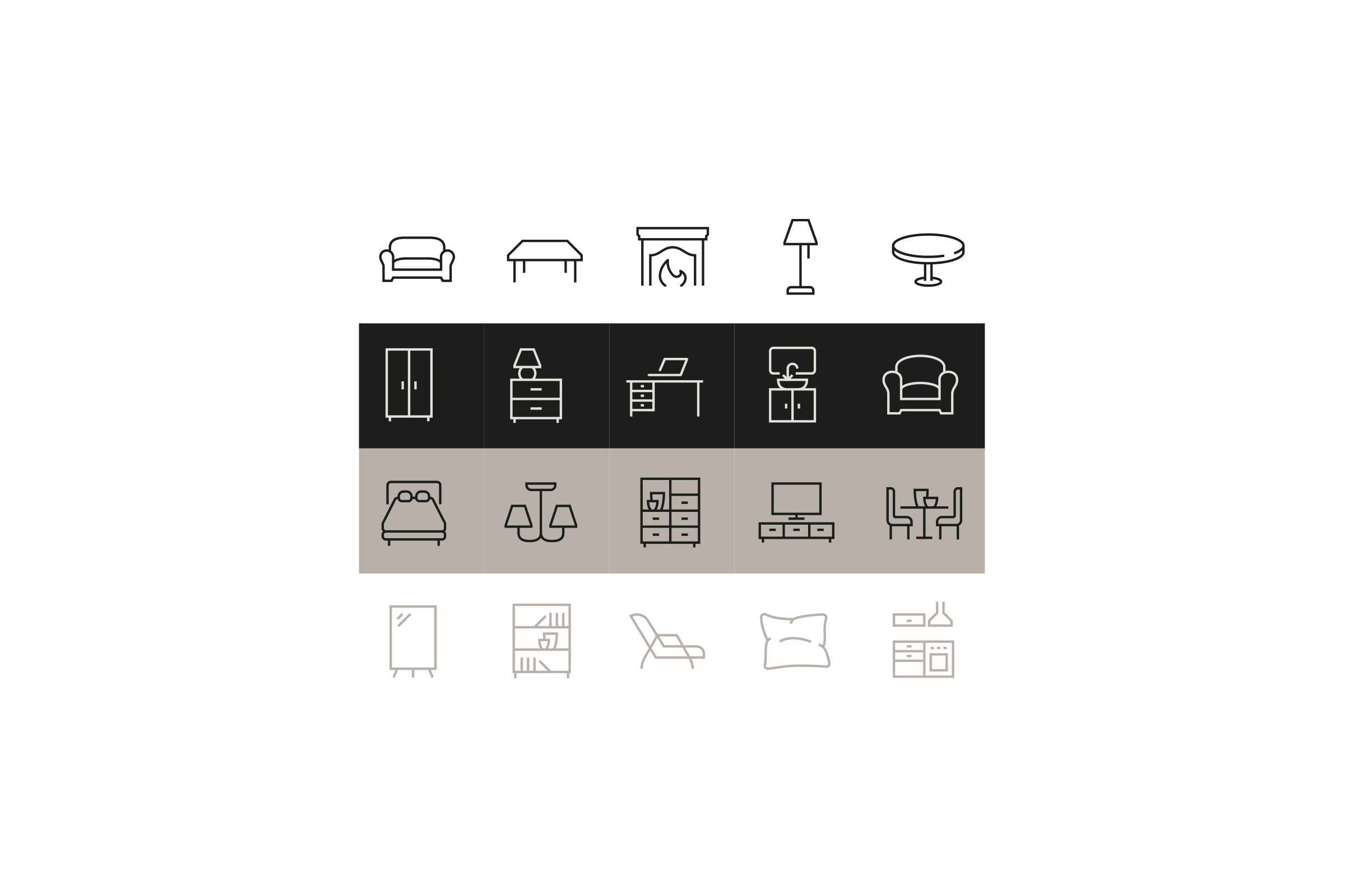 Twenty line icons of furniture, among them a sofa, tables, a fireplace, a floor lamp, a wardrobe, a desk, a bed, a chandelier, shelving and a dining set, in rows on white, black and taupe.