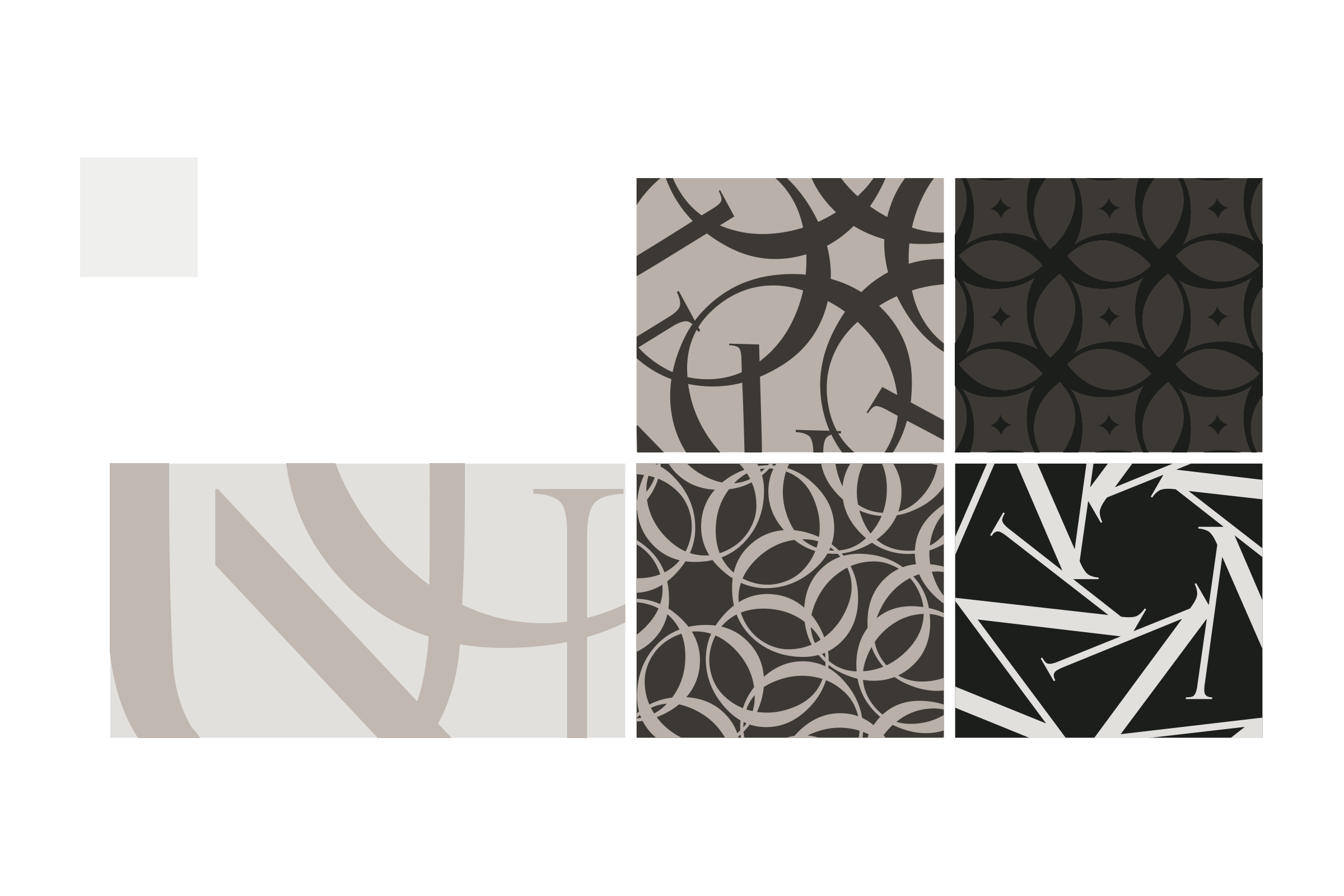 Four square patterns built from the monogram's curves and serifs, in black, taupe and pale grey, beside a cropped monogram on a light band.