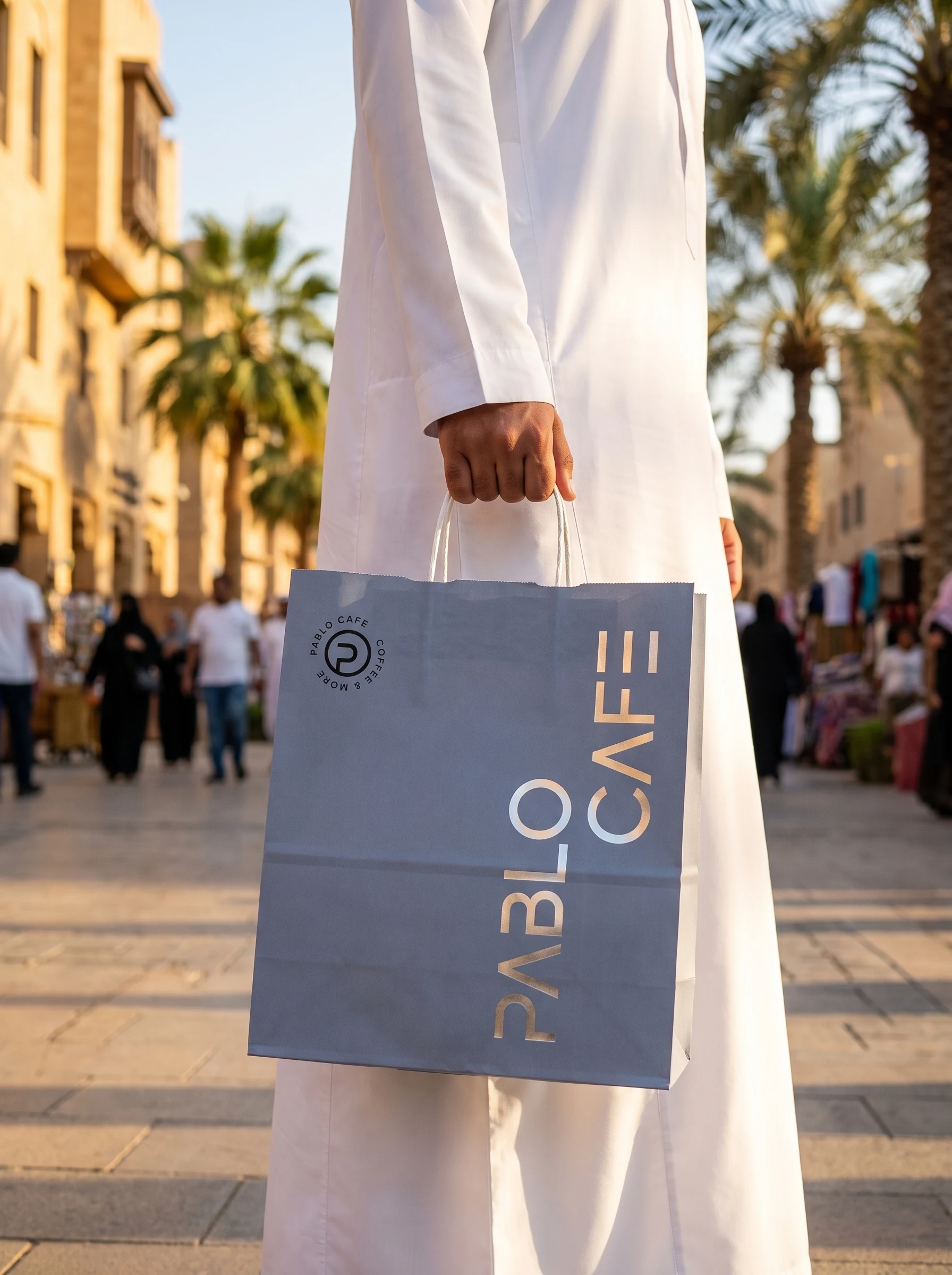 A man in a white thobe carrying a greyed-blue paper bag, with the roundel in black and PABLO CAFE set vertically in silver foil.