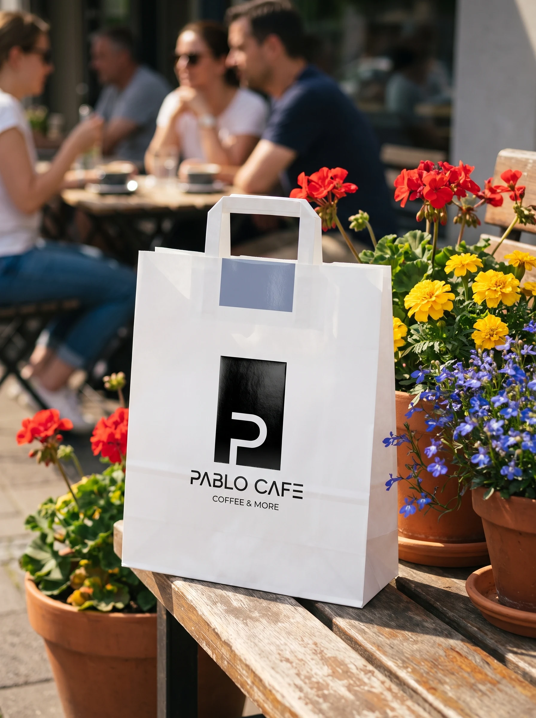 A white paper bag on a terrace bench among pots of geraniums and marigolds, with the logo in black and a blue band under its handle.