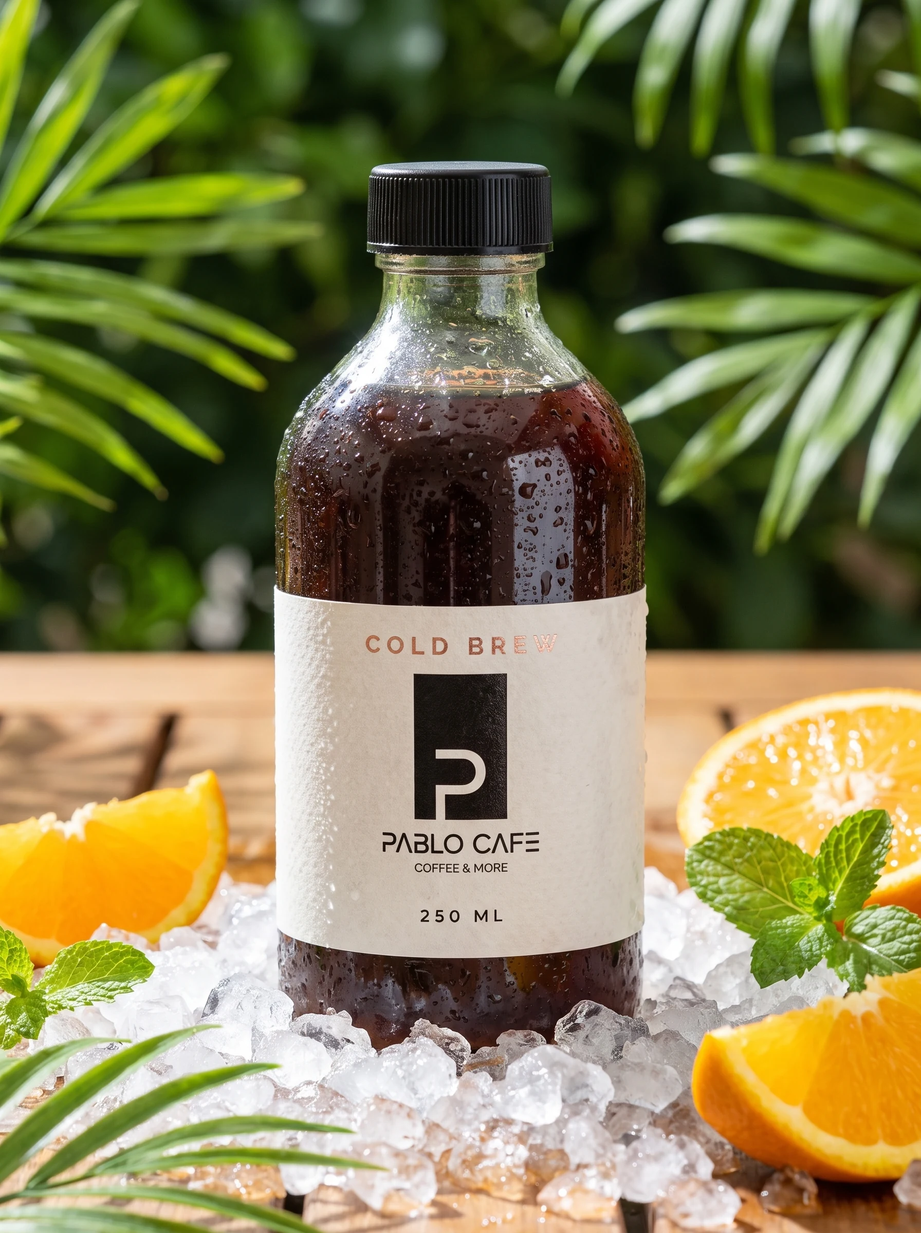 A bottle of cold brew on crushed ice among oranges and mint, its cream label reading COLD BREW over the logo and 250 ML.