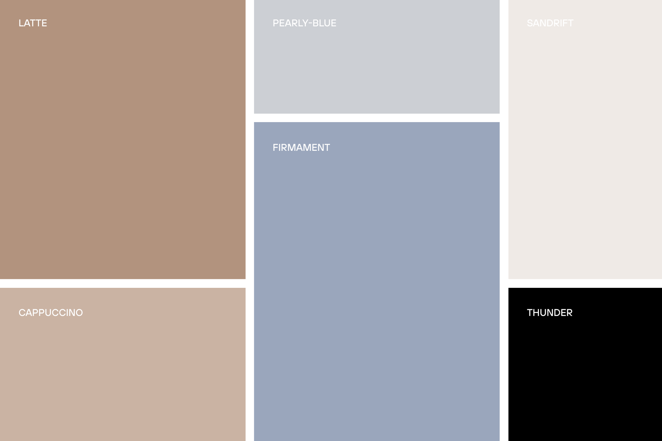 Colour blocks labelled Latte, Pearly Blue, Sandrift, Firmament, Cappuccino and Thunder, in coffee browns, greyed blues, off-white and black.
