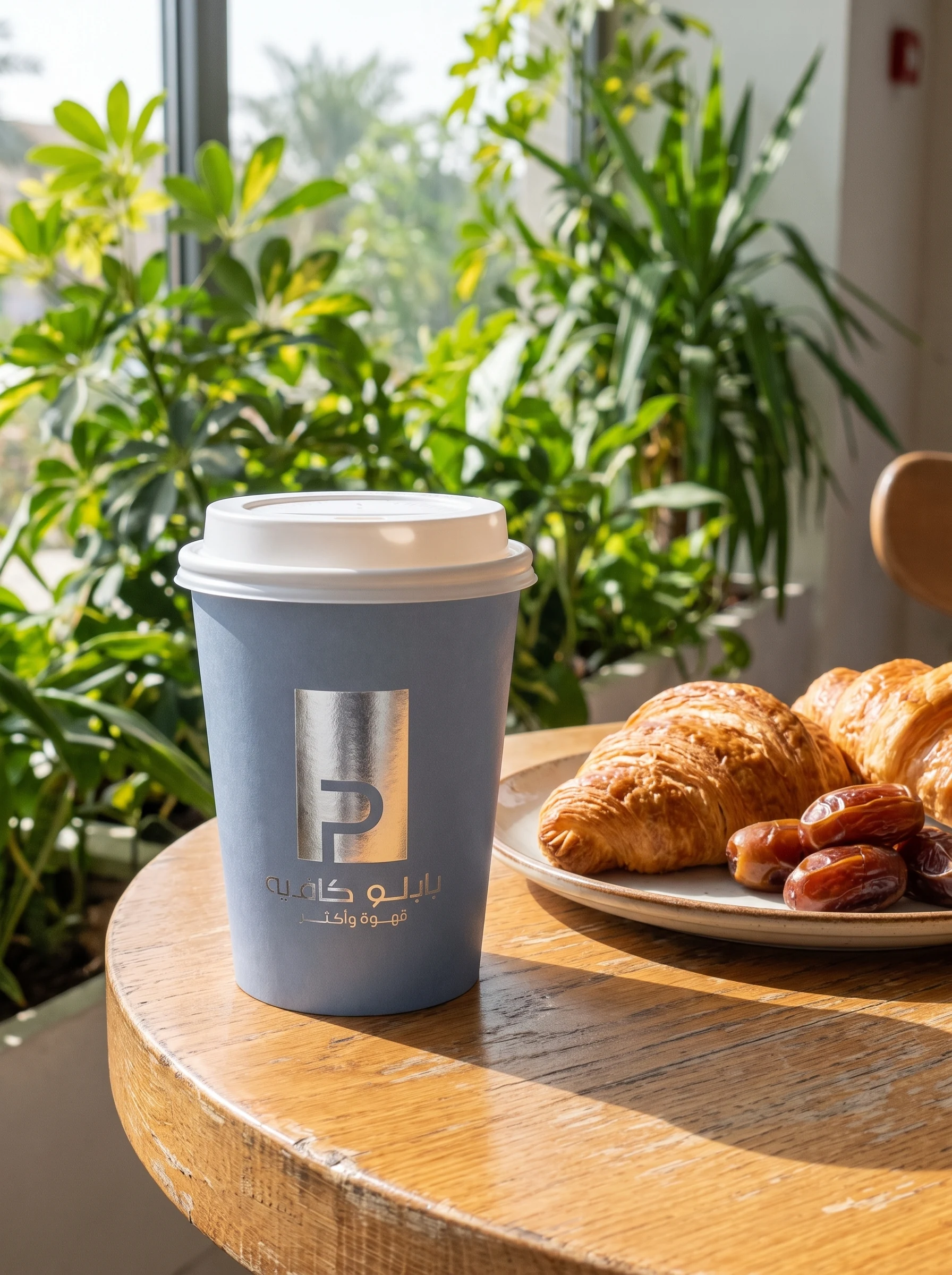 A blue cup on a café table beside croissants and dates, with the Arabic logo in silver foil: بابلو كافيه, قهوة وأكثر.