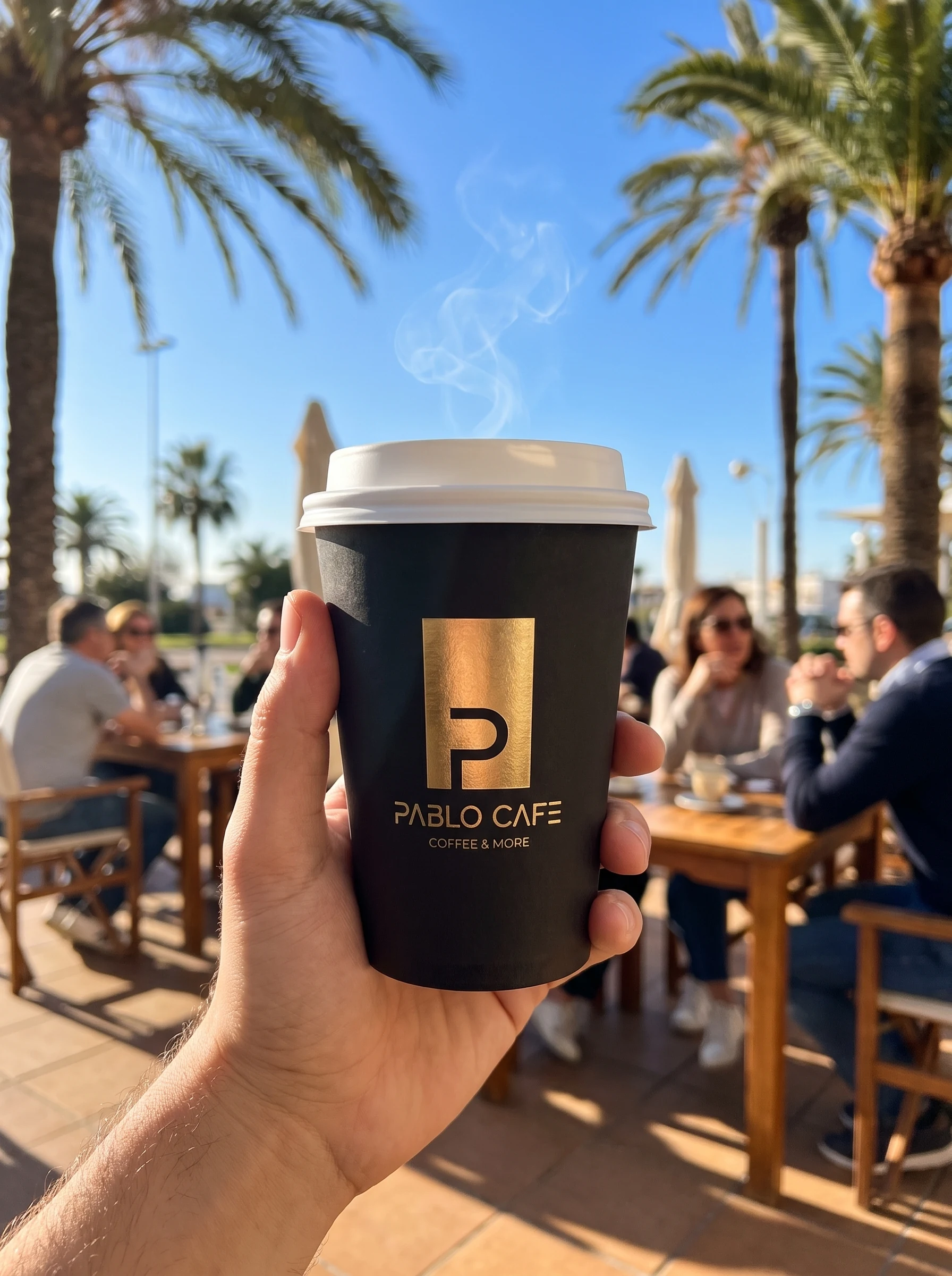 A hand holding a black cup of steaming coffee on a terrace under palms, with the logo in gold foil.