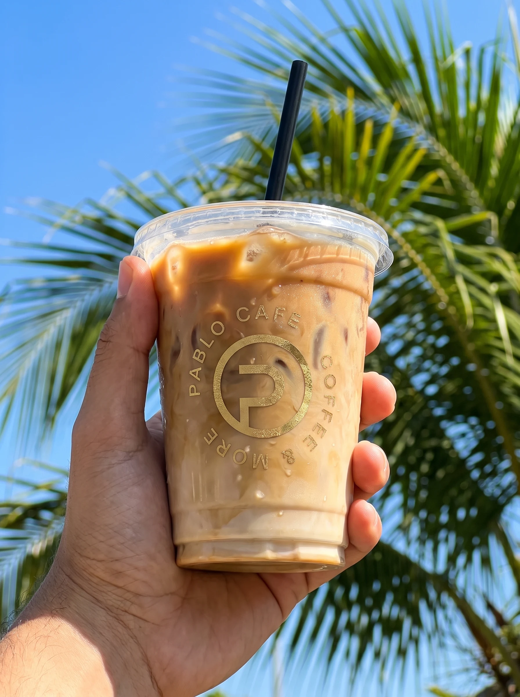 A hand holding an iced latte against palm fronds and blue sky, the roundel printed in gold on the clear cup.