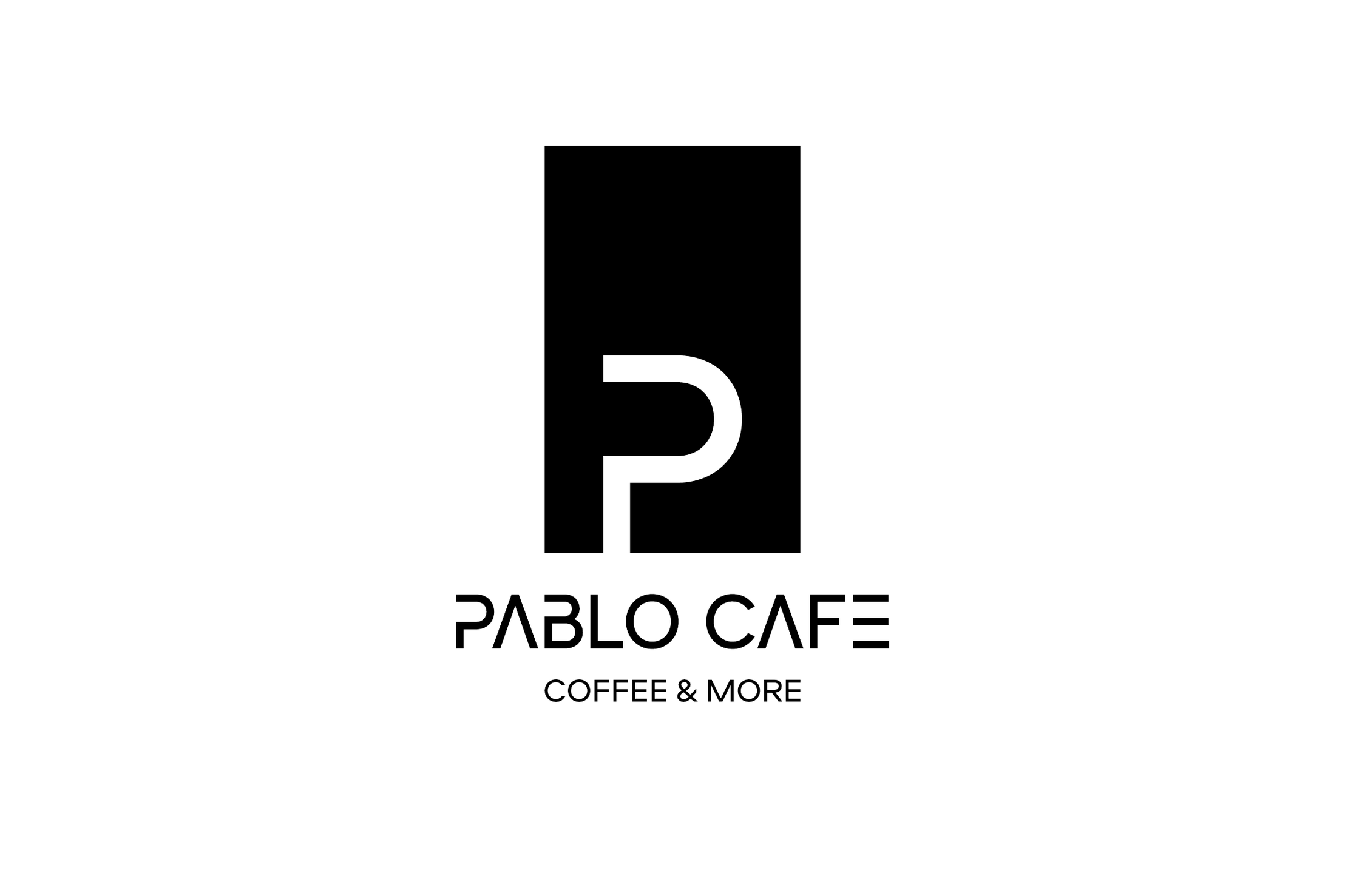 The logo in black on white: a white P cut from a black rectangle, its stem breaking through the lower edge, over PABLO CAFE and COFFEE & MORE.